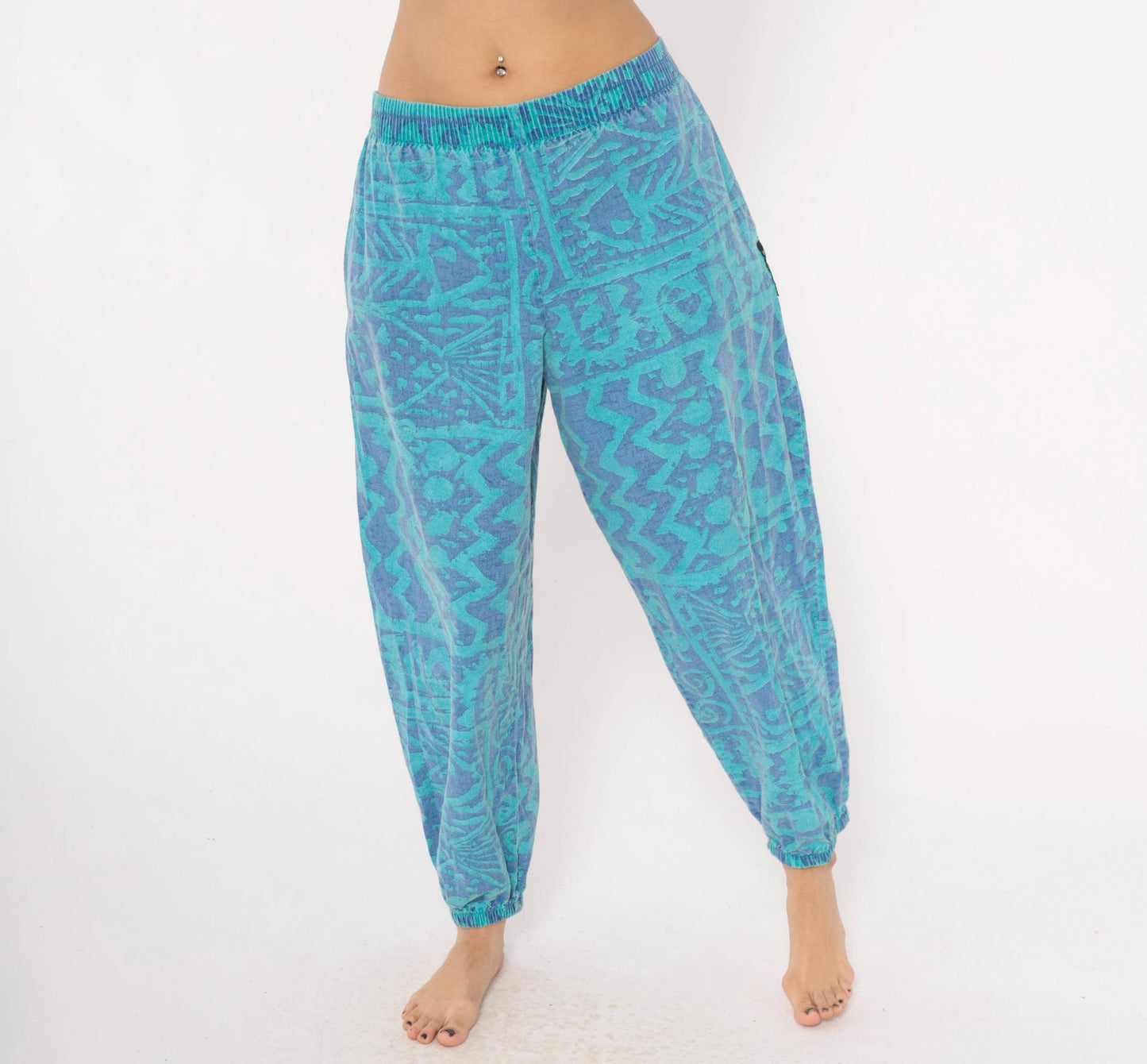 90s Ego Sportswear Tribal Joggers Teal Purple Abstract Geometric Medium