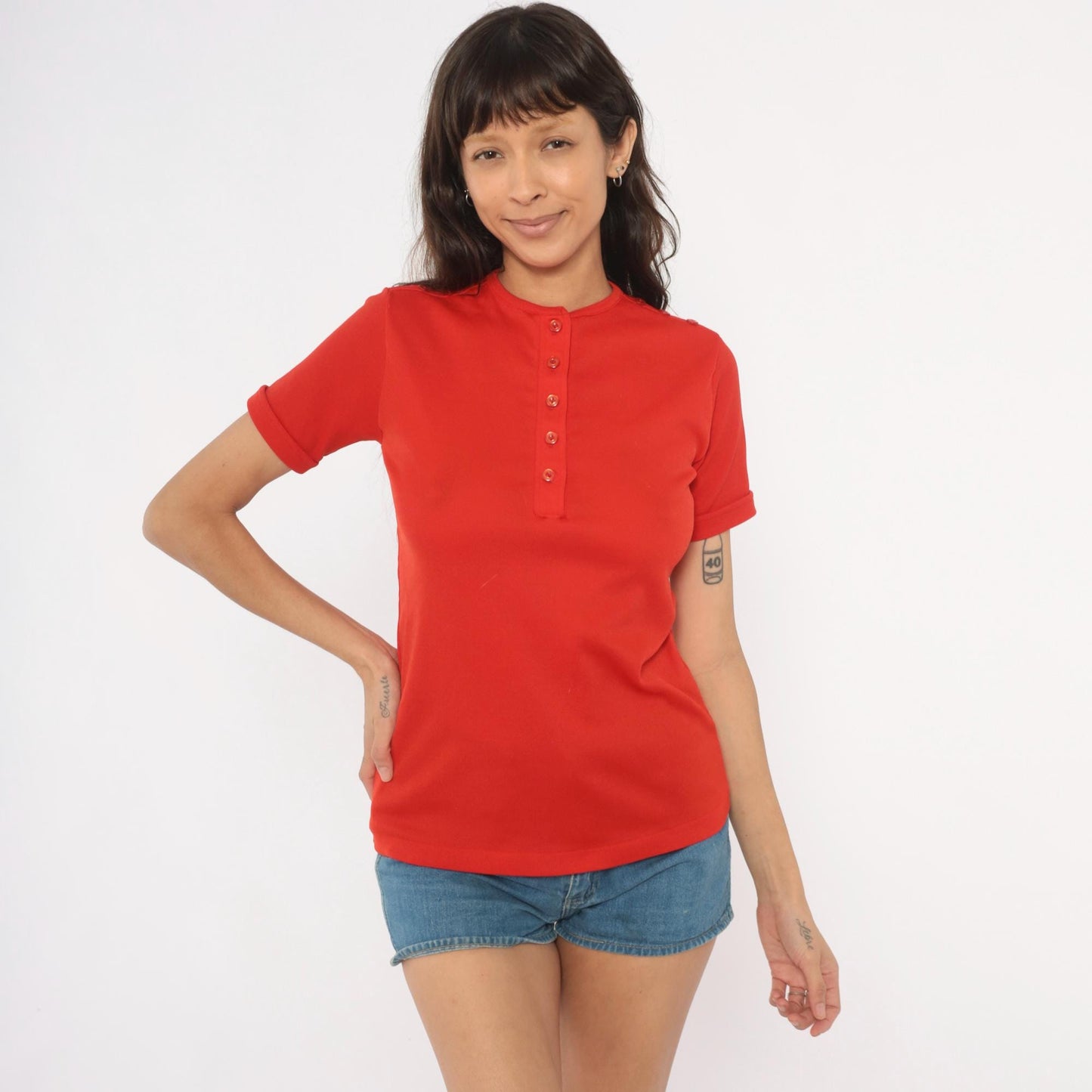 70s Red Henley Blouse Button Front Snap Shoulder Detail Fitted Small