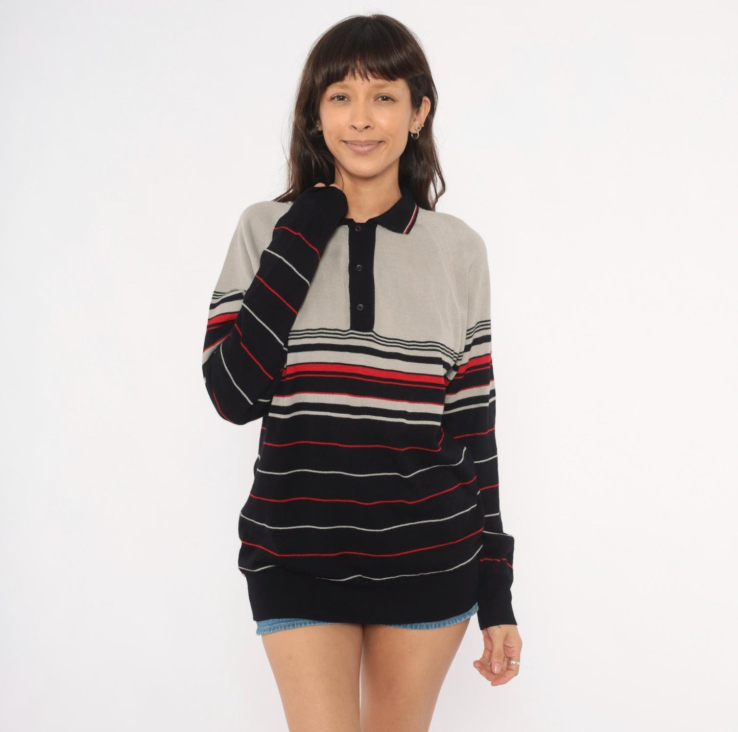 80s Colin Lt Marx Striped Polo Sweater Black Grey Red Raglan Knit Large