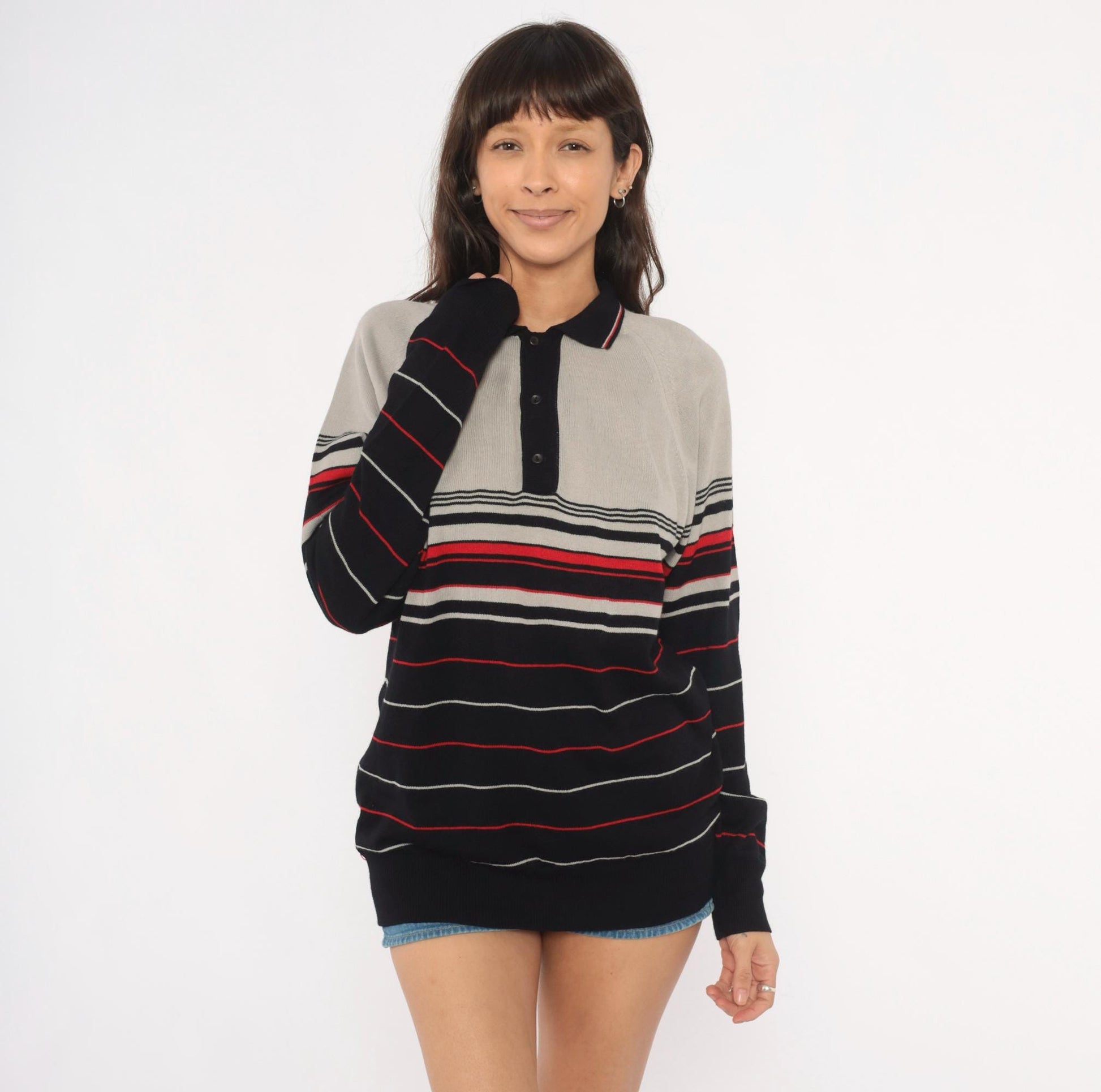 80s Colin Lt Marx Striped Polo Sweater Black Grey Red Raglan Knit Large