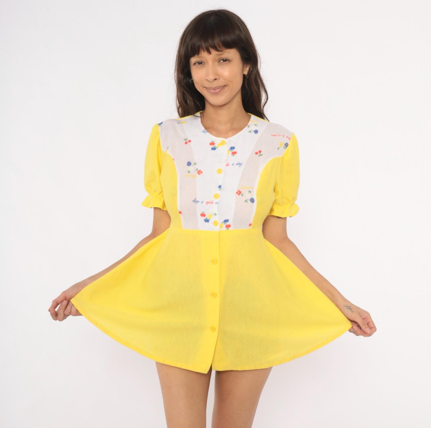 70s Yellow Babydoll Top Puff Sleeve Empire Waist Fruit Print Cotton Blouse Large