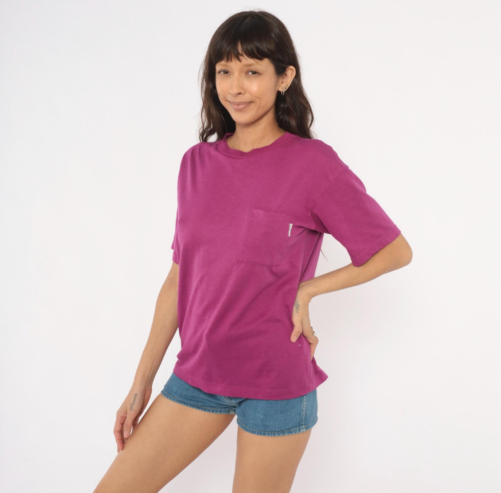 80s Plum Pocket Tee Cotton Crew Neck Boxy Short Sleeve Medium