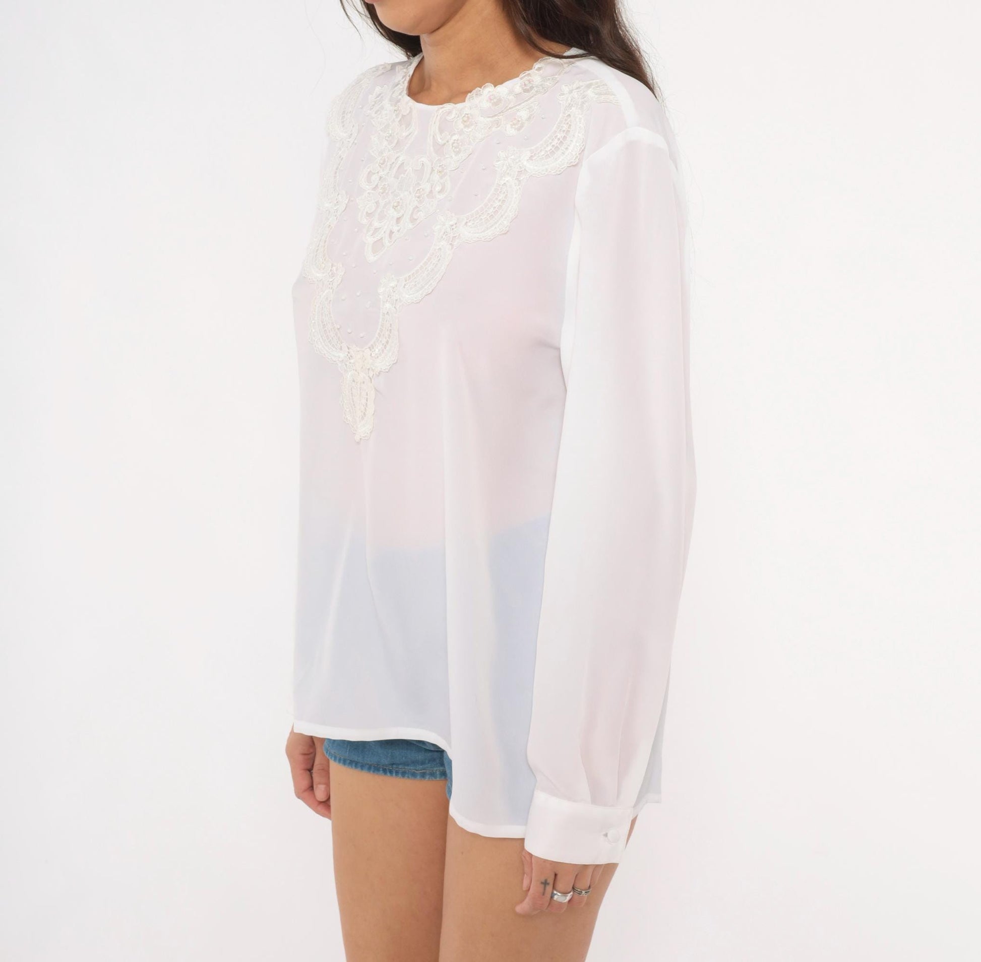 80s Kathy Che Beaded Lace Applique Chiffon Blouse White Long Sleeve Large