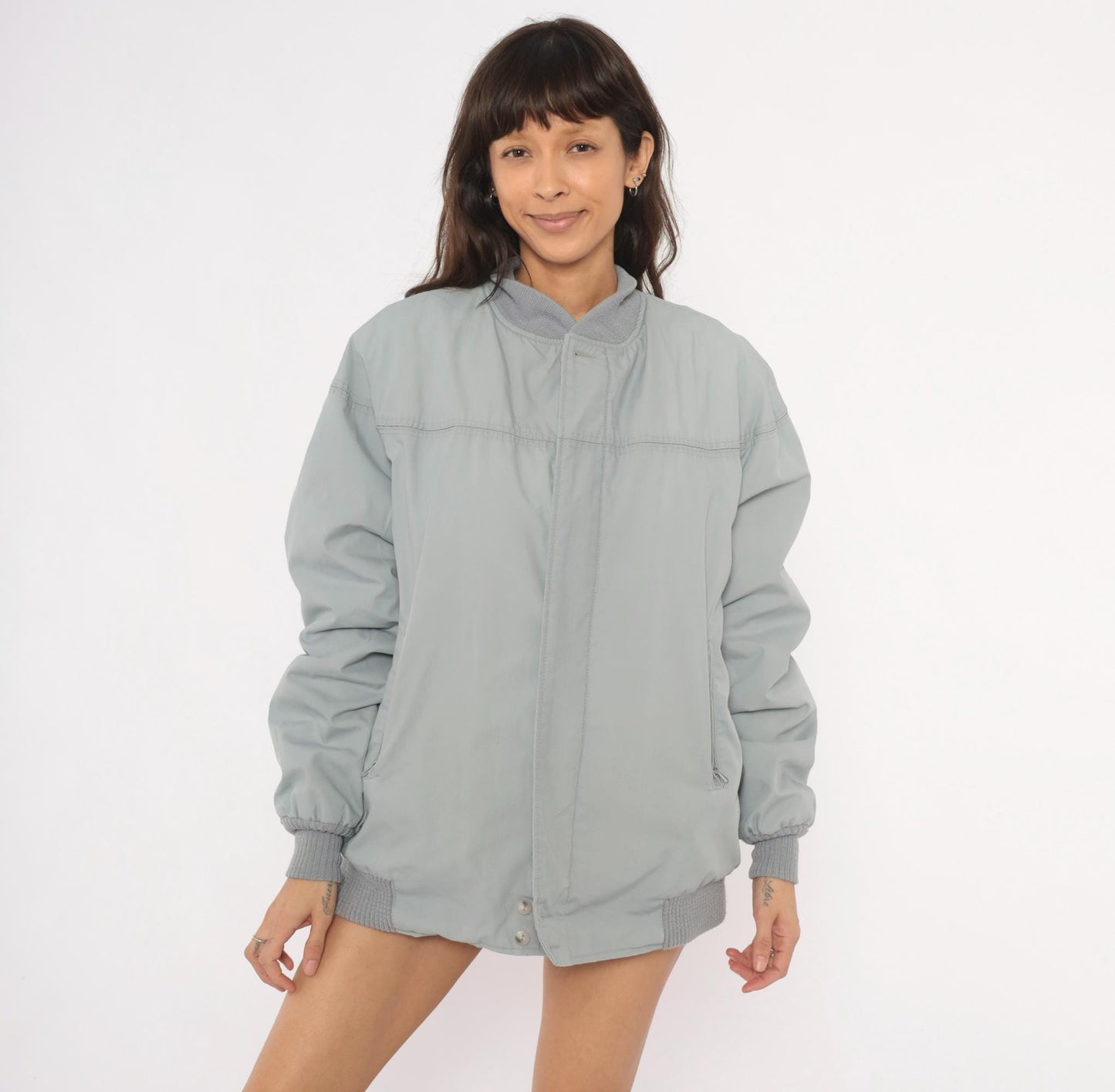 80s Catalina Varsity Bomber Jacket Grey Cotton Knit Collar Medium