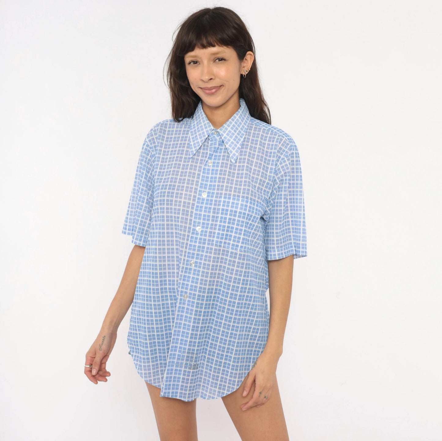 70s Dectolene Blue Windowpane Grid Check Shirt Pointed Collar Extra Large