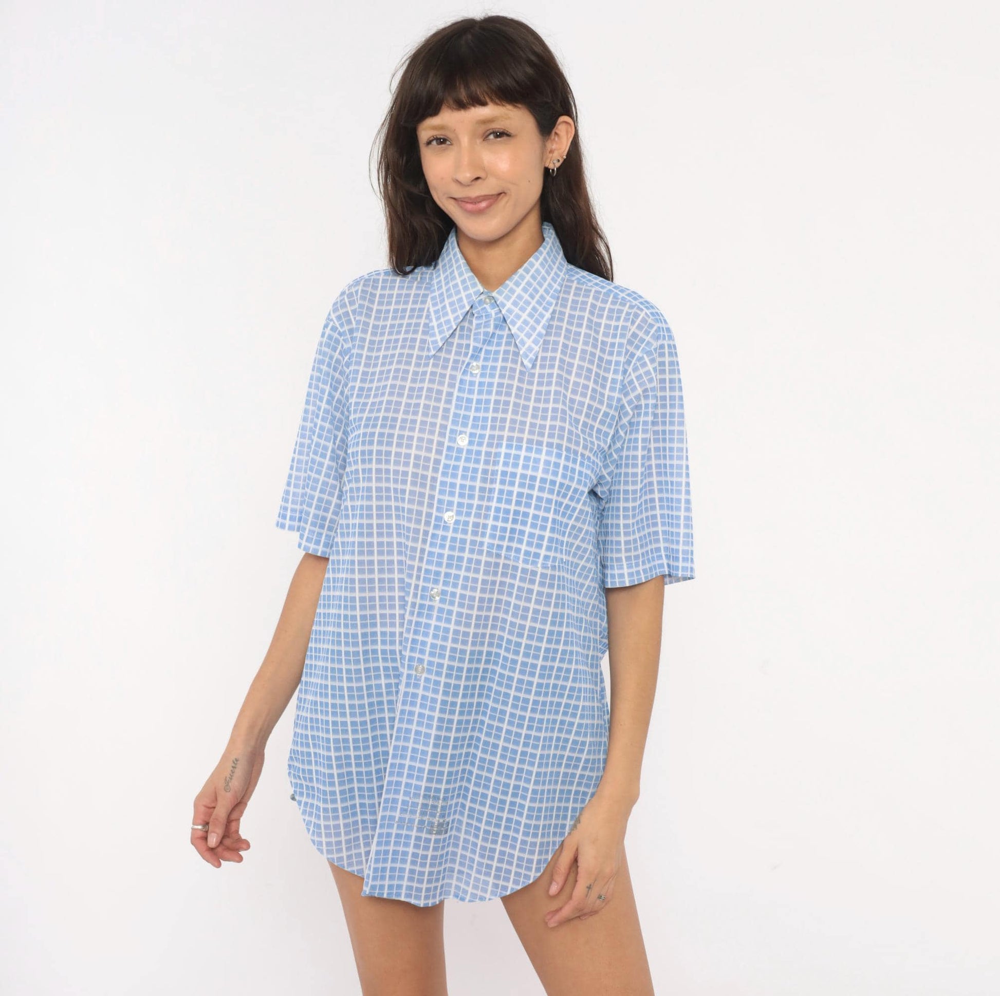 70s Dectolene Blue Windowpane Grid Check Shirt Pointed Collar Extra Large