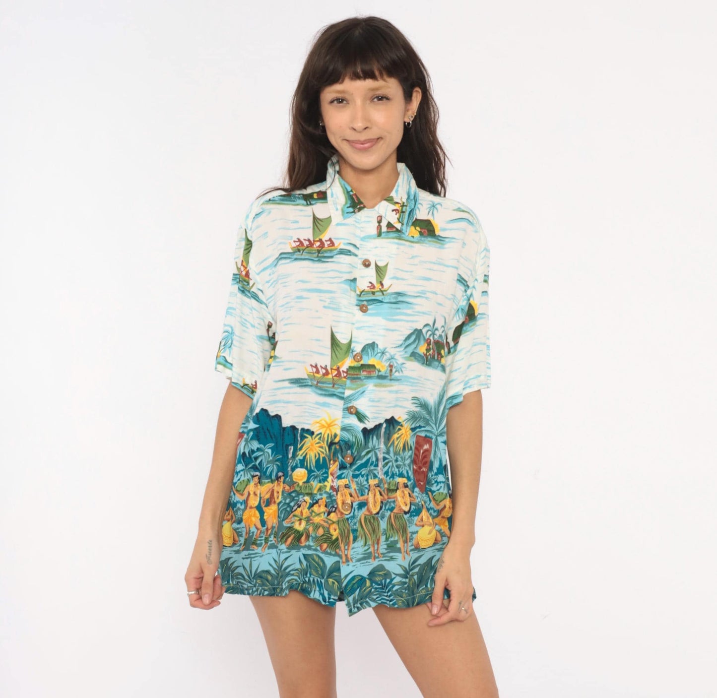 90s Kennington Ltd Hawaiian Shirt Polynesian Island Scene Blue Rayon Medium