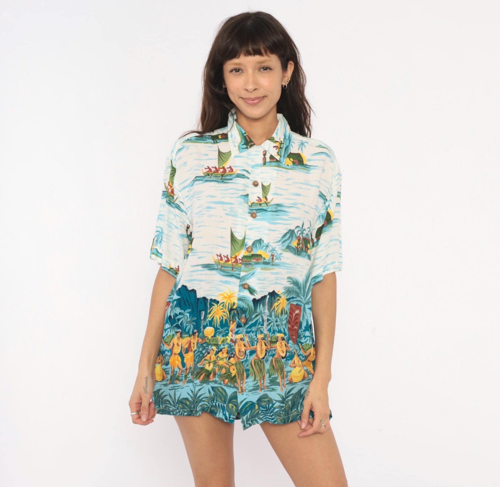 90s Kennington Ltd Hawaiian Shirt Polynesian Island Scene Blue Rayon Medium