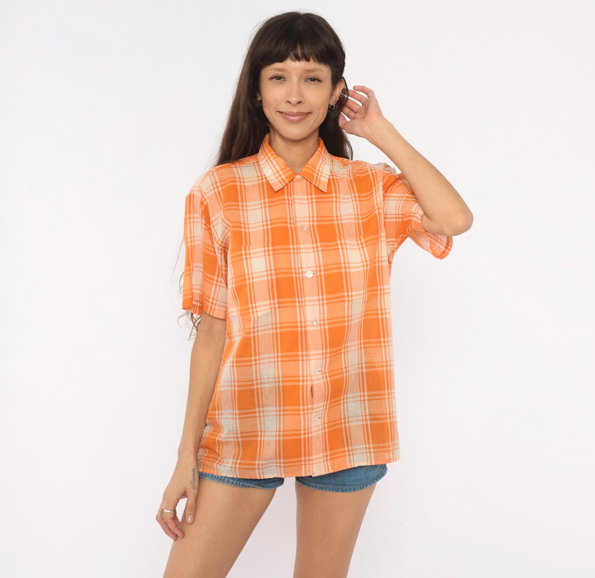 70s Manhattan Docoma Orange Plaid Button-Up Shirt Cream Check Short Sleeve Medium