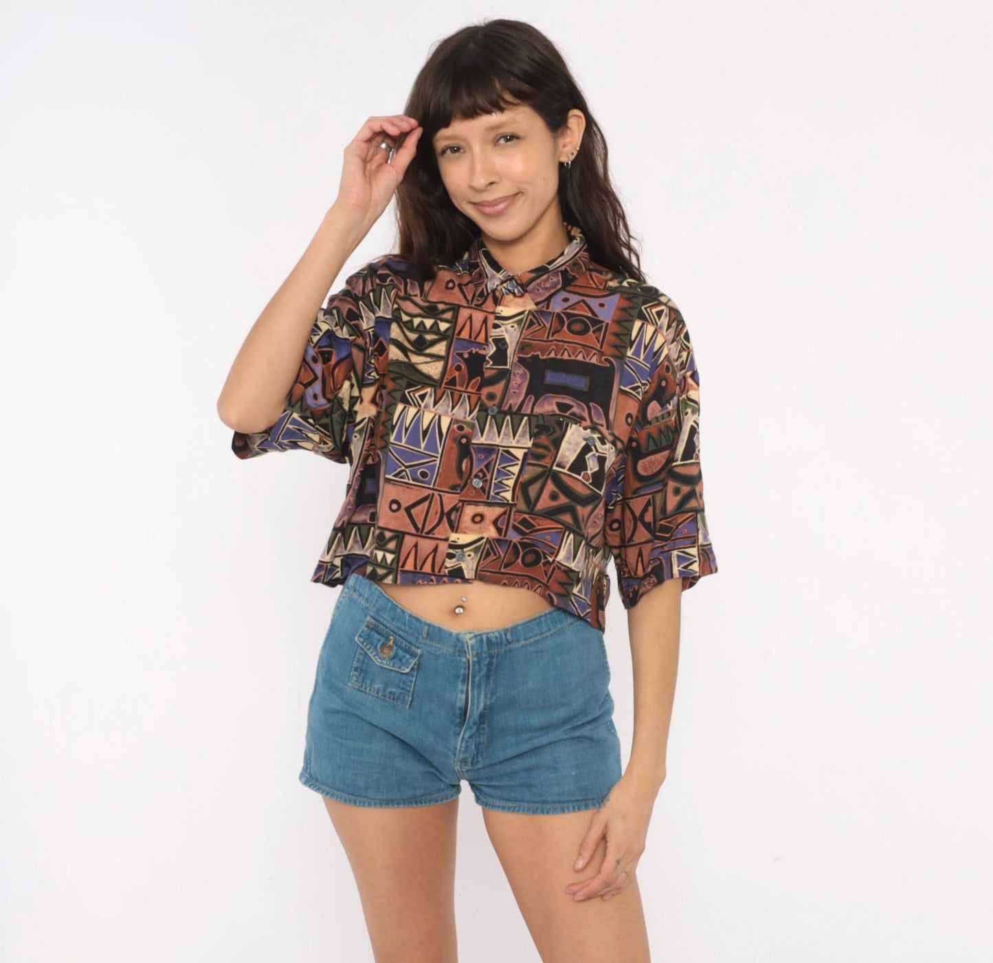90s Chiamare Abstract Crop Top Shirt Button Front Collared Blouse Brown Purple Geometric Large L