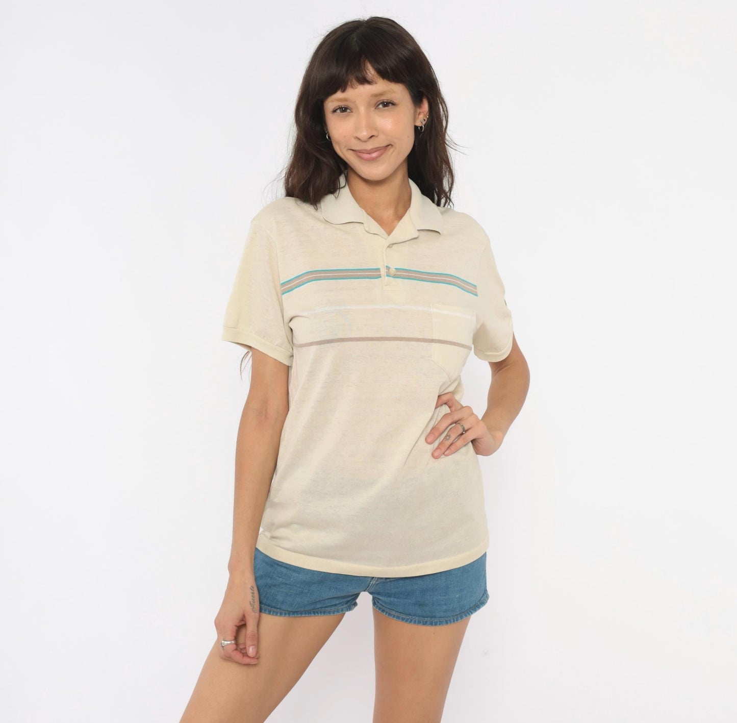 80s Hang Ten Polo Shirt Cream Teal Taupe Stripe Cotton Medium M