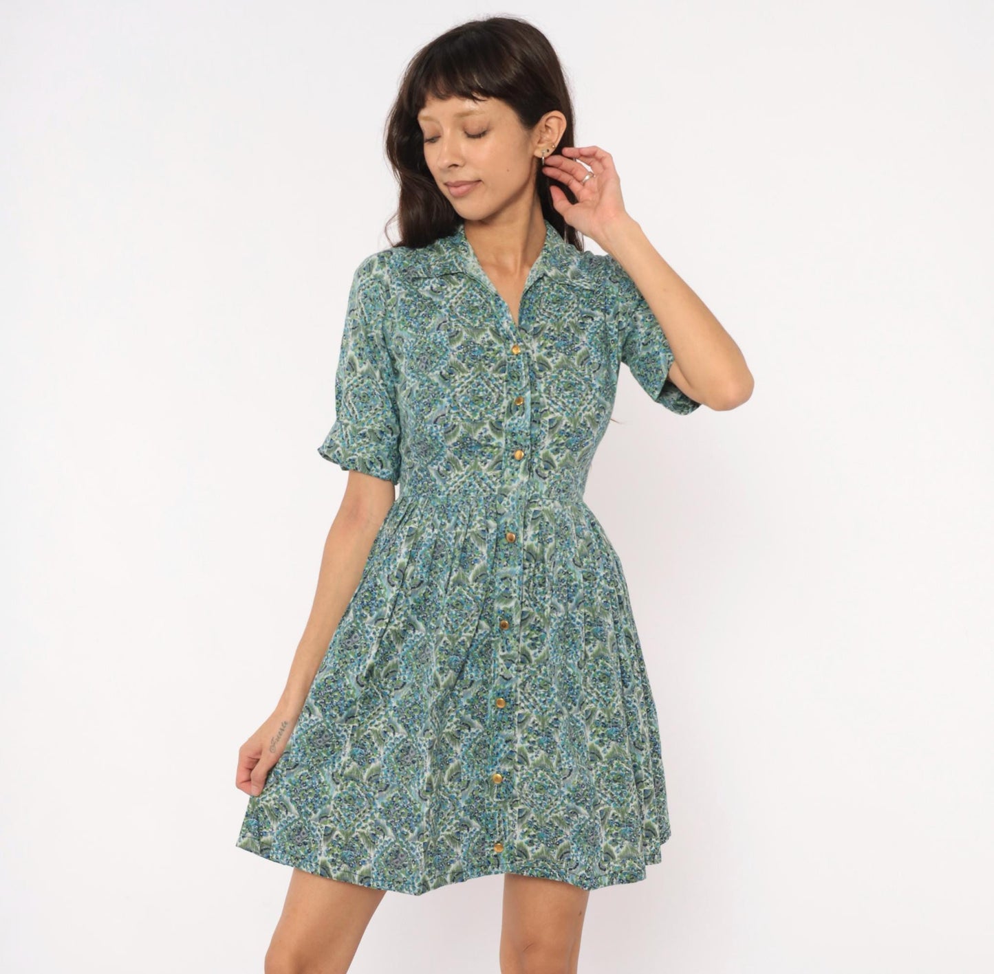 60s Penneys Brentwood Paisley Floral Shirtdress Blue Green Cotton Knee XS
