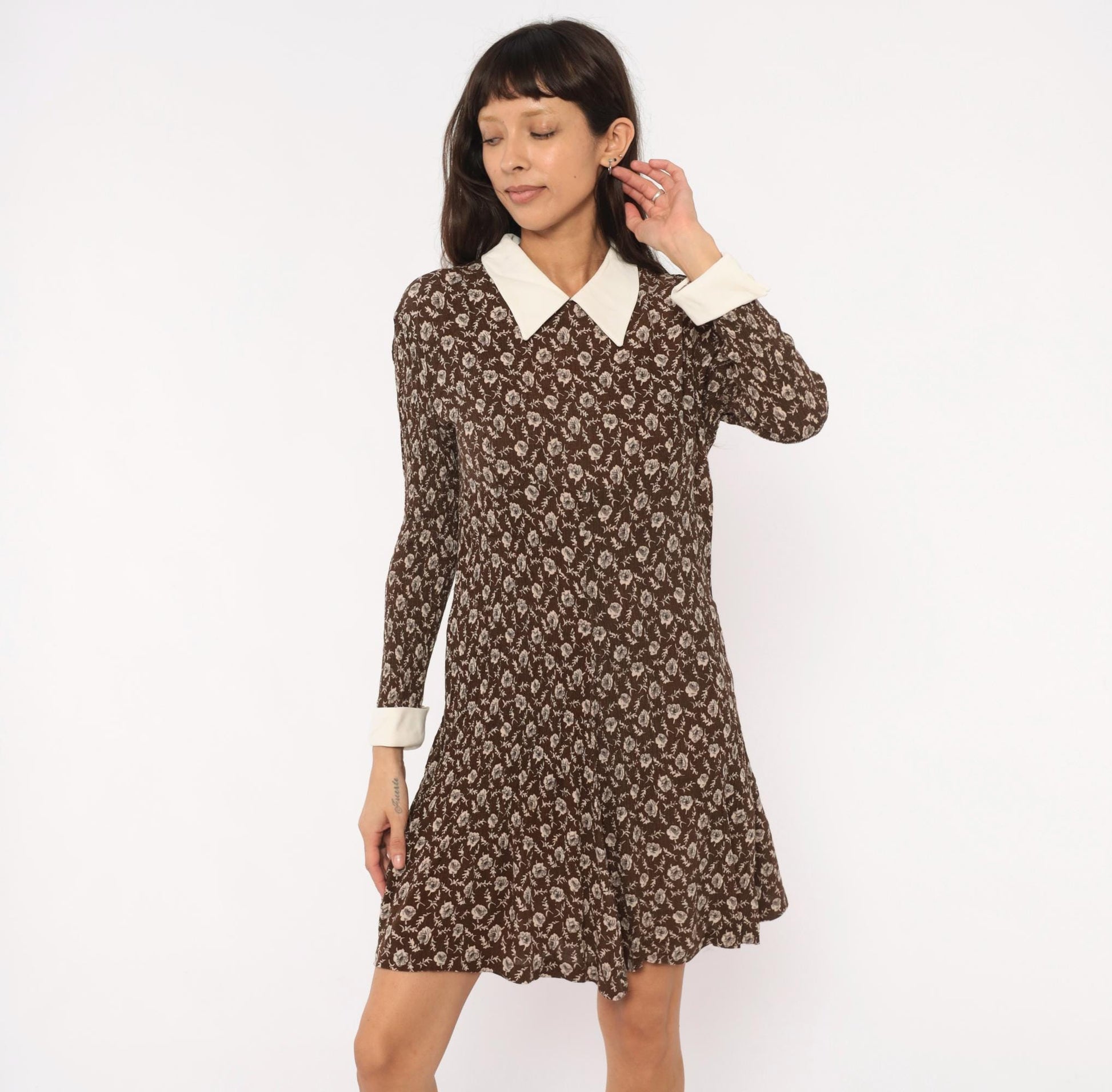90s Karin Stevens Floral Dress Brown Cream Pointed Collar Knee-Length Large L