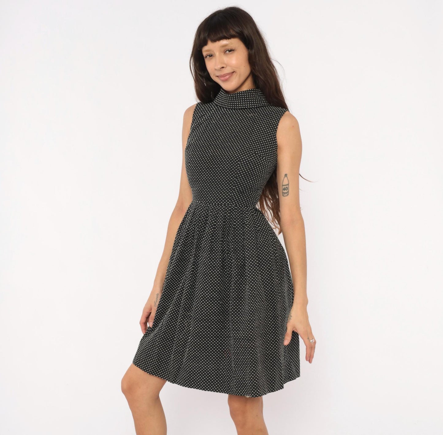 60s Mod Mini Dress Black White Polka Dot Mock Neck Fit Flare Cotton Extra Small