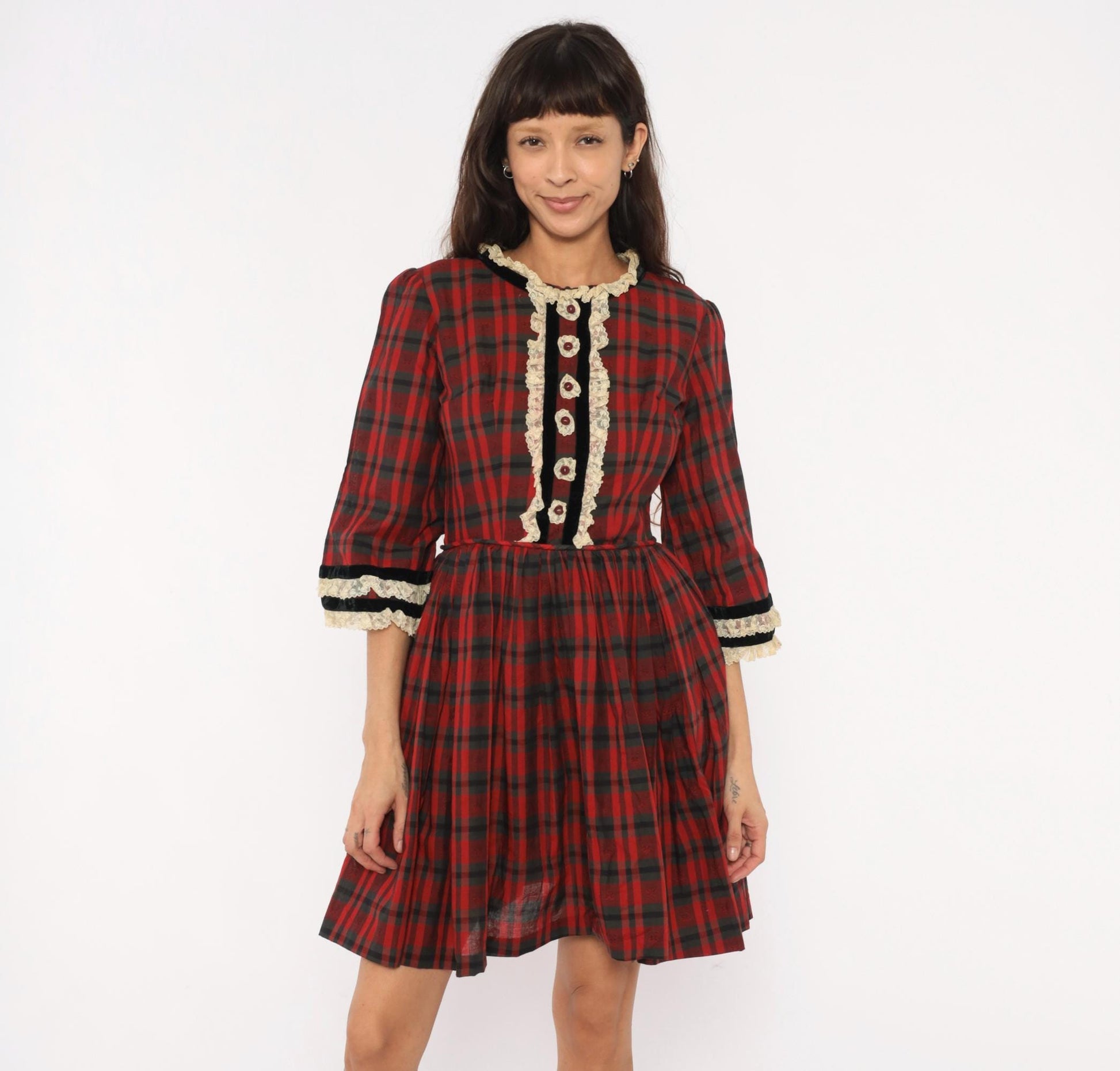1960s Red Black Plaid Mini Dress Puff Sleeve Lace Trim Cotton Small S