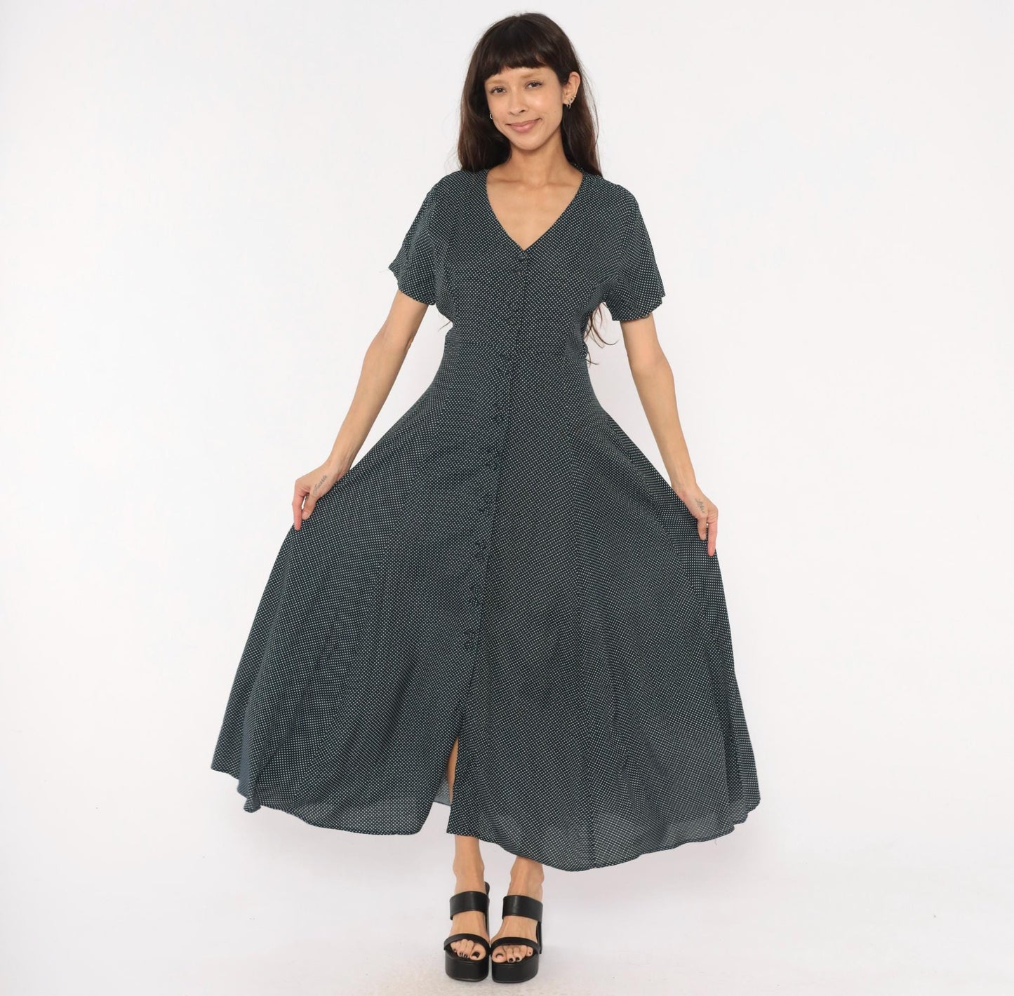 90s New York Style Navy Polka Dot Maxi Dress Button Front Flutter Sleeve Large L