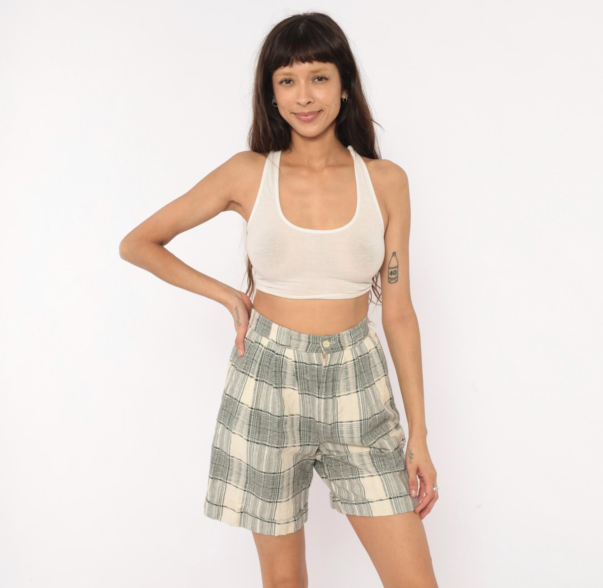 80s Fundamental Things Plaid Linen Bermuda Shorts Black Cream High Waist Pleated Extra Small