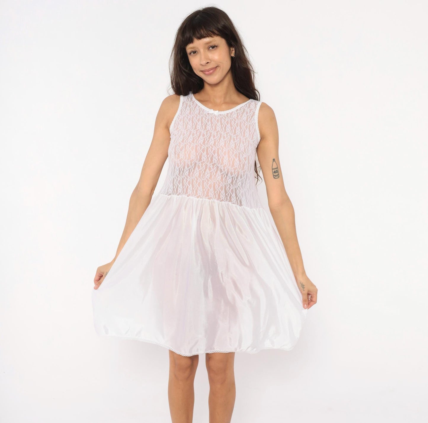 80s Copper Key White Lace Babydoll Slip Dress Satin Bow Nightgown Small