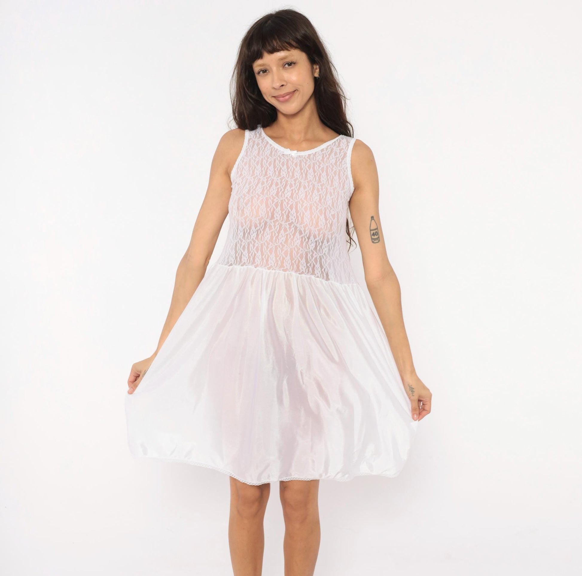 80s Copper Key White Lace Babydoll Slip Dress Satin Bow Nightgown Small