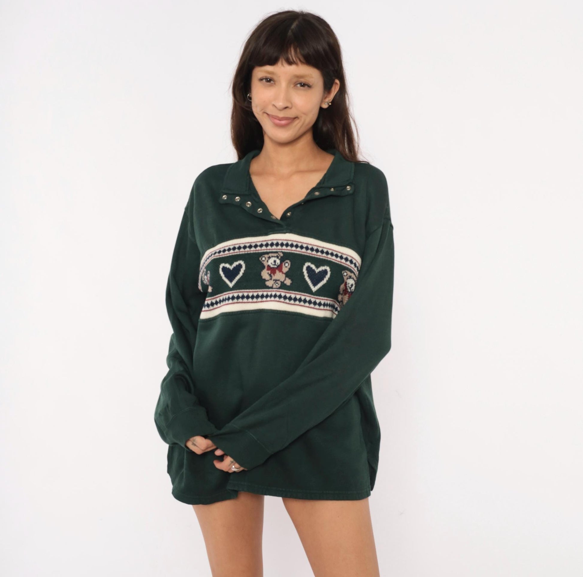 90s Carolina Teddy Bear Fair Isle Pullover Forest Green Knit Large L