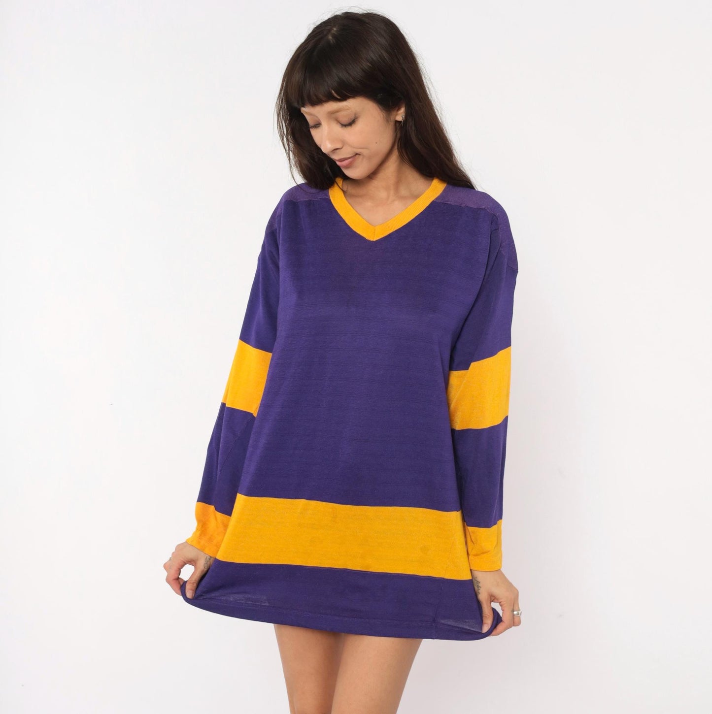70s Purple Gold Striped V-Neck Pullover Jersey Long Sleeve Small