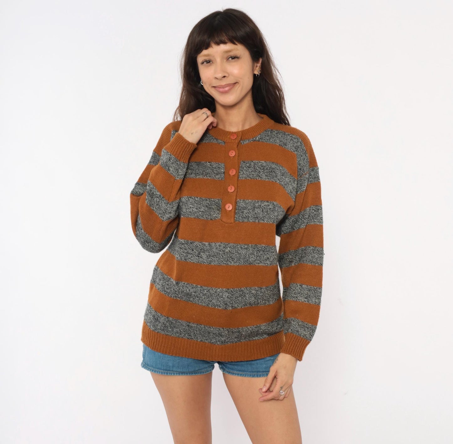 90s Amilano Striped Henley Sweater Mustard Grey Button Front Small