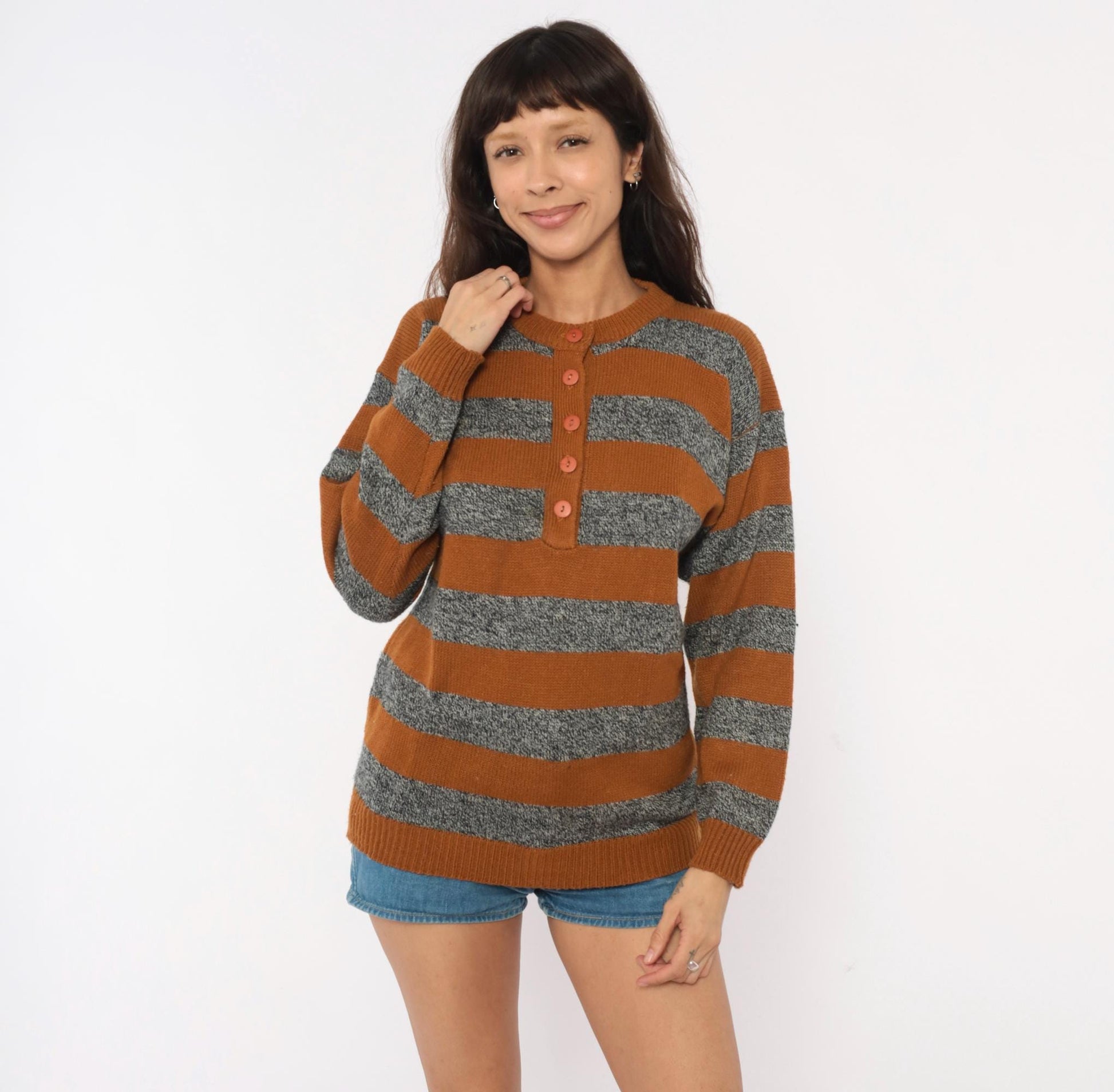 90s Amilano Striped Henley Sweater Mustard Grey Button Front Small