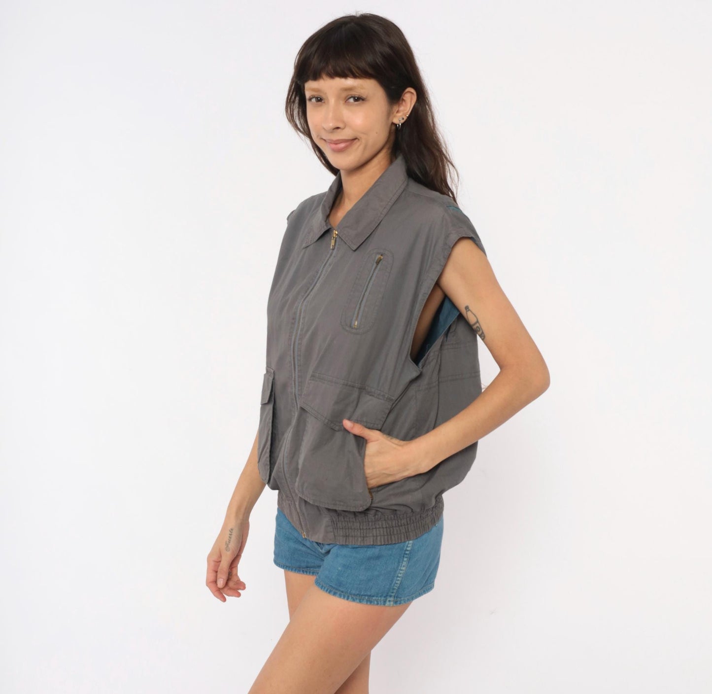 80s Fog Cutter Grey Utility Vest Cotton Zip Cargo Pockets Medium