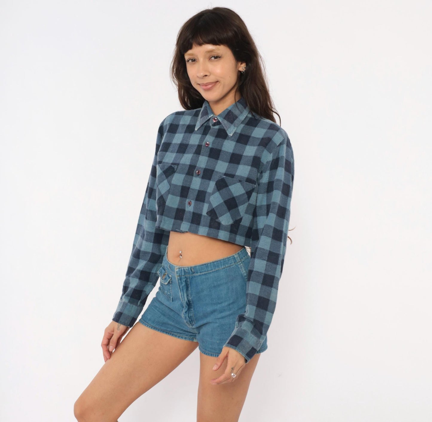 90s Dickies Buffalo Plaid Flannel Shirt Cropped Blue Navy Cotton Small