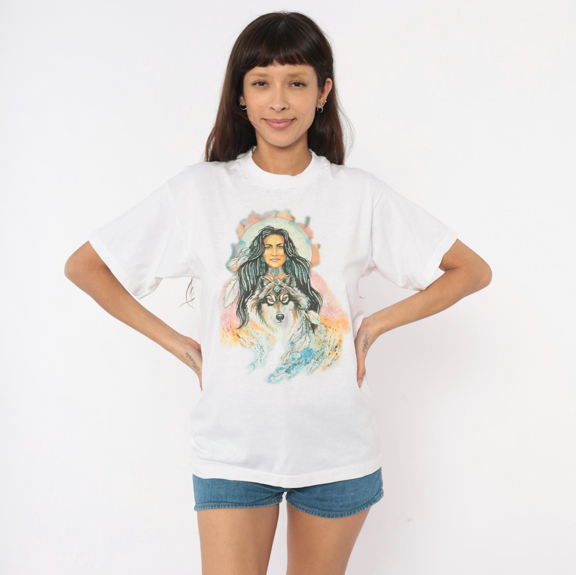 90s Wolf Moon Feather Graphic Tee Fruit Of The Loom White Medium