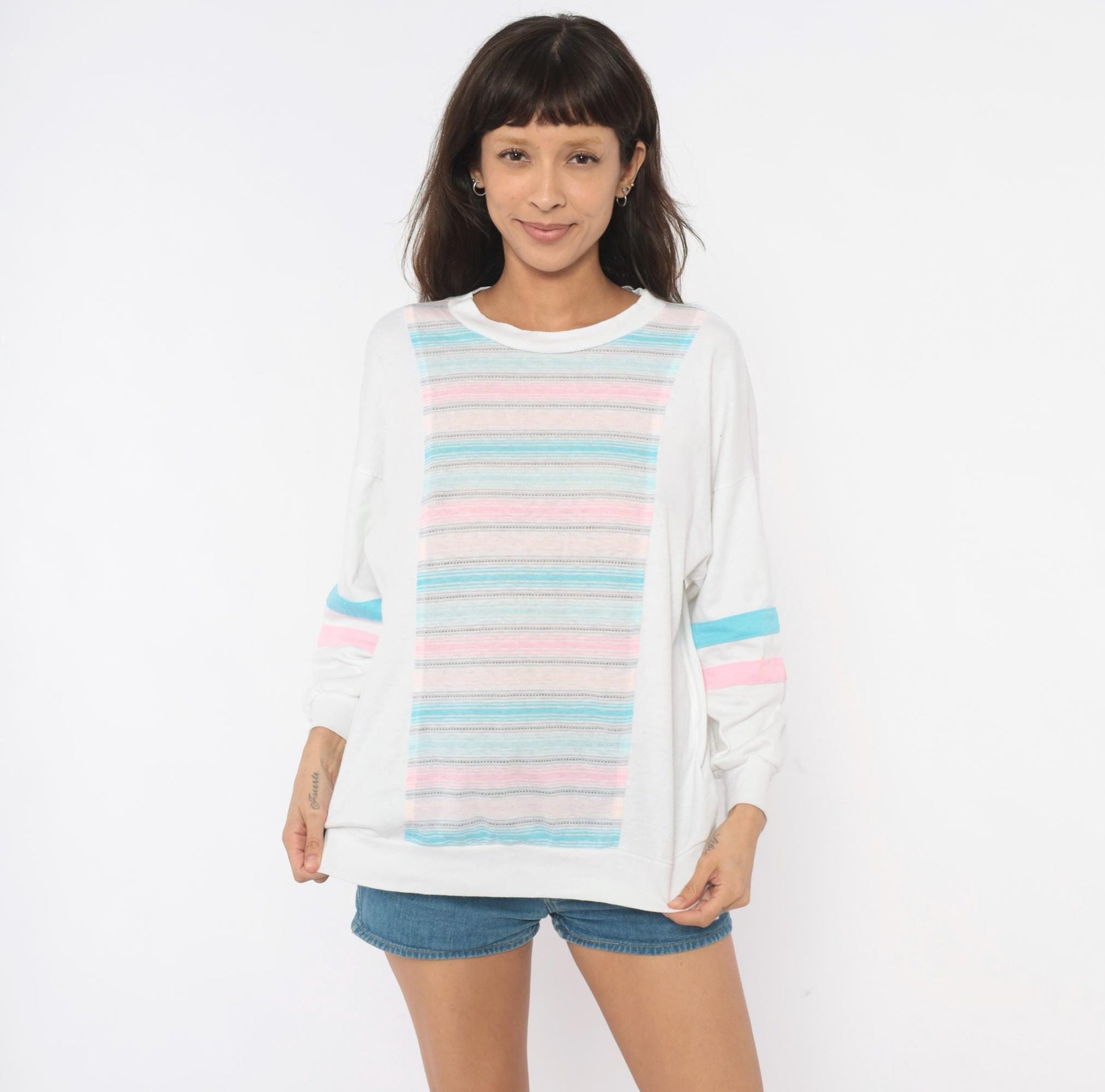 80s Marc Perry Pastel Striped Cotton Sweatshirt Crew Neck Medium