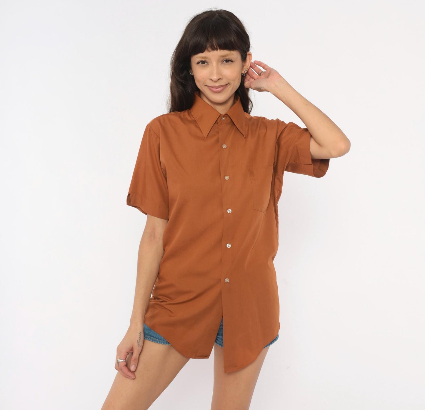 70s Fleetline Rust Button-Up Shirt Pointed Collar Short Sleeve Small