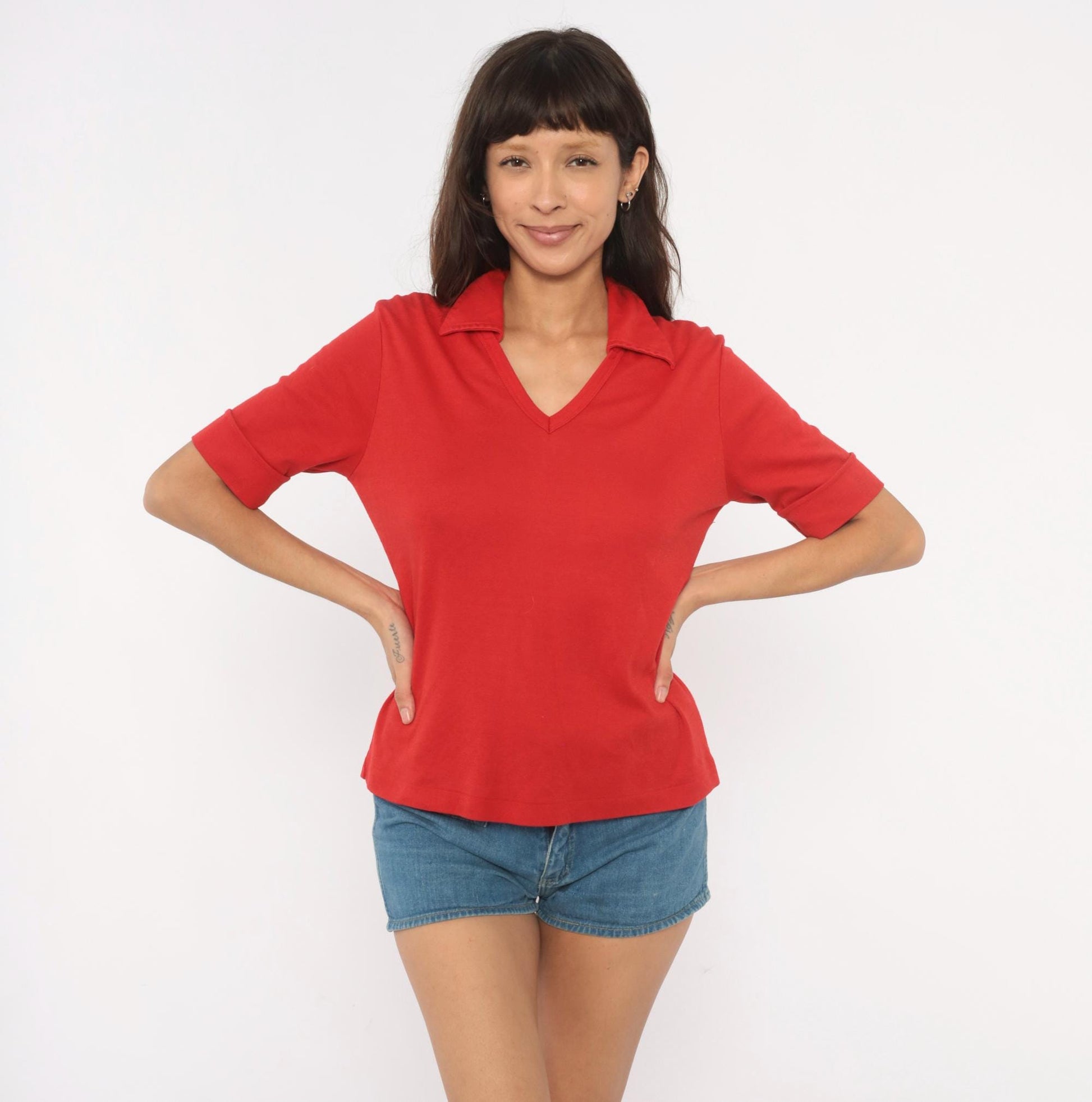 70s Red Polo Shirt V-Neck Spread Collar Short Sleeve Pullover Large L