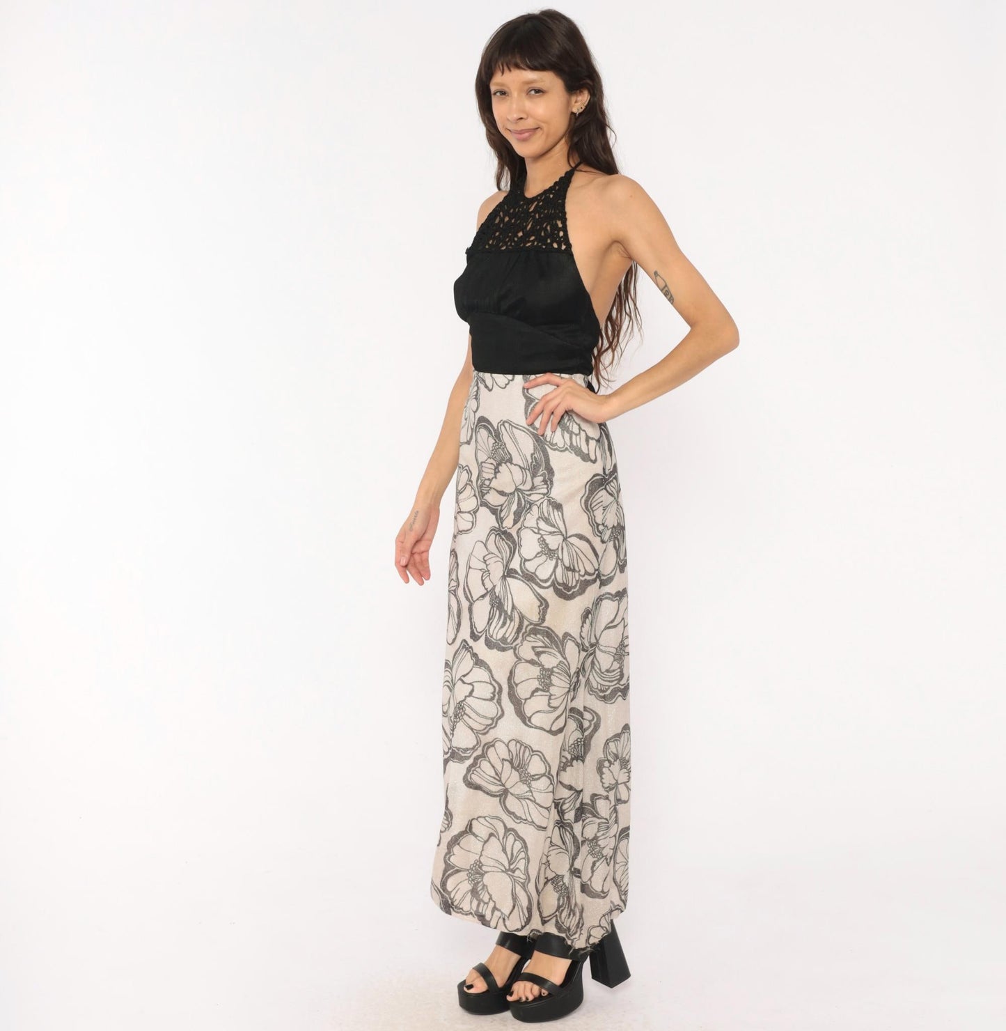 70s Mikey Jrs Crochet Halter Maxi Dress Black Grey Floral Metallic Open Back Extra Small XS