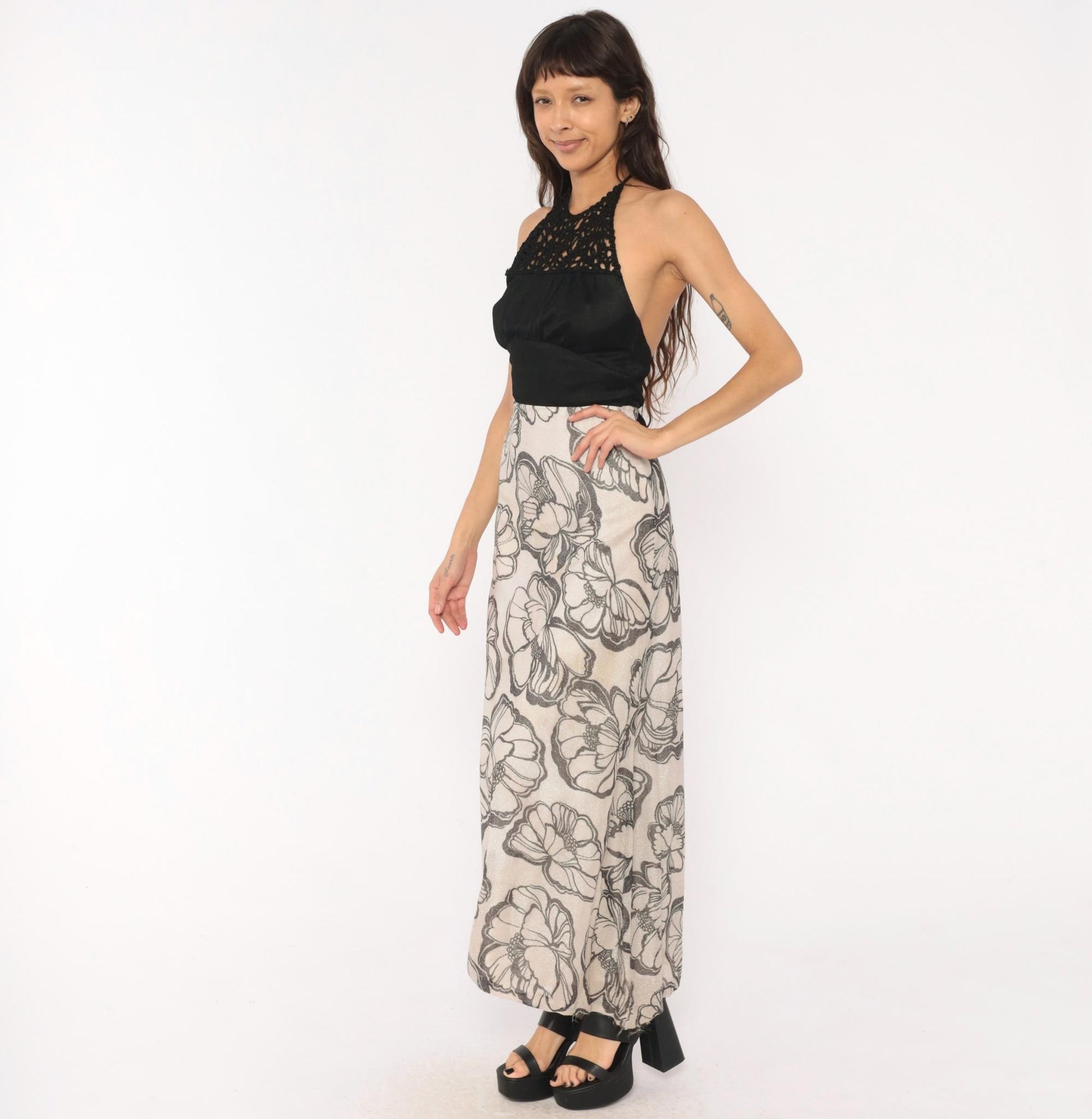 70s Mikey Jrs Crochet Halter Maxi Dress Black Grey Floral Metallic Open Back Extra Small XS