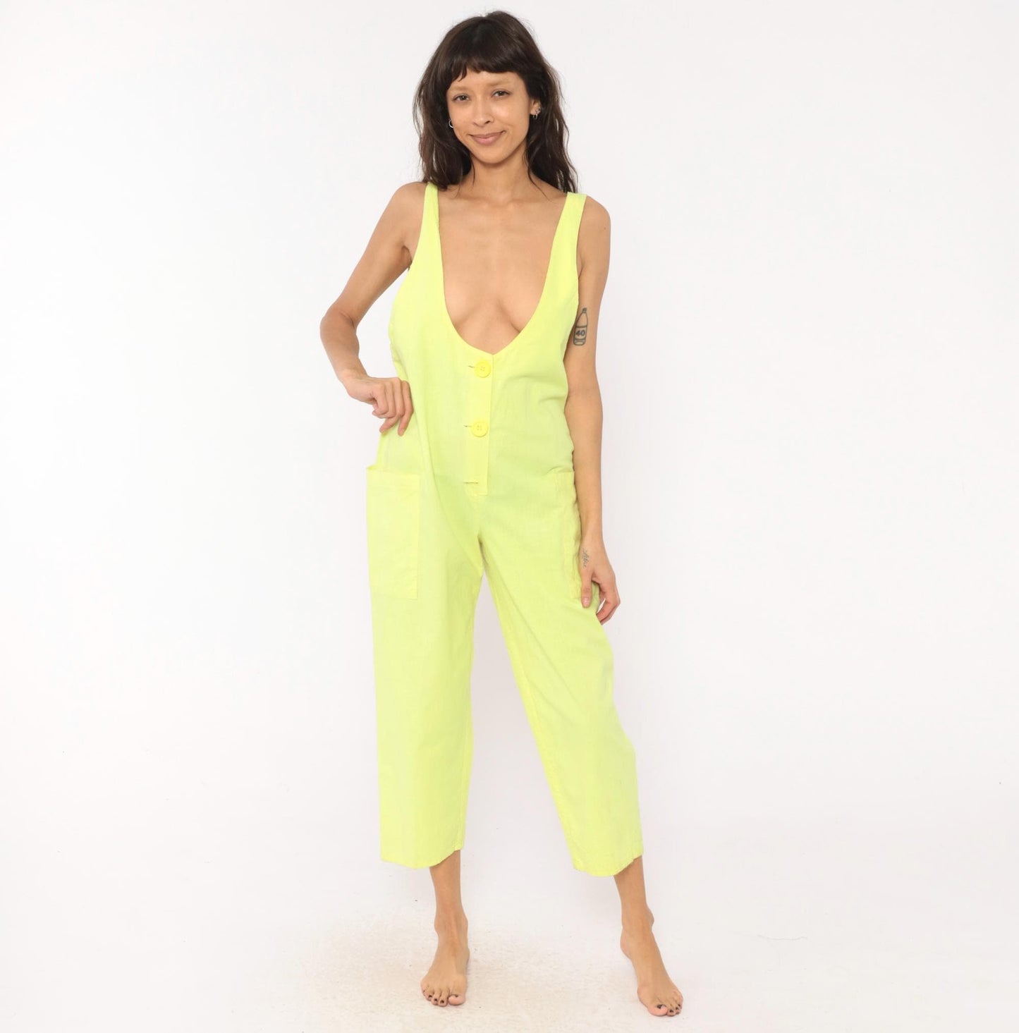 90s Ginger Neon Yellow Cotton Jumpsuit Deep V Neck Ankle Length Medium M