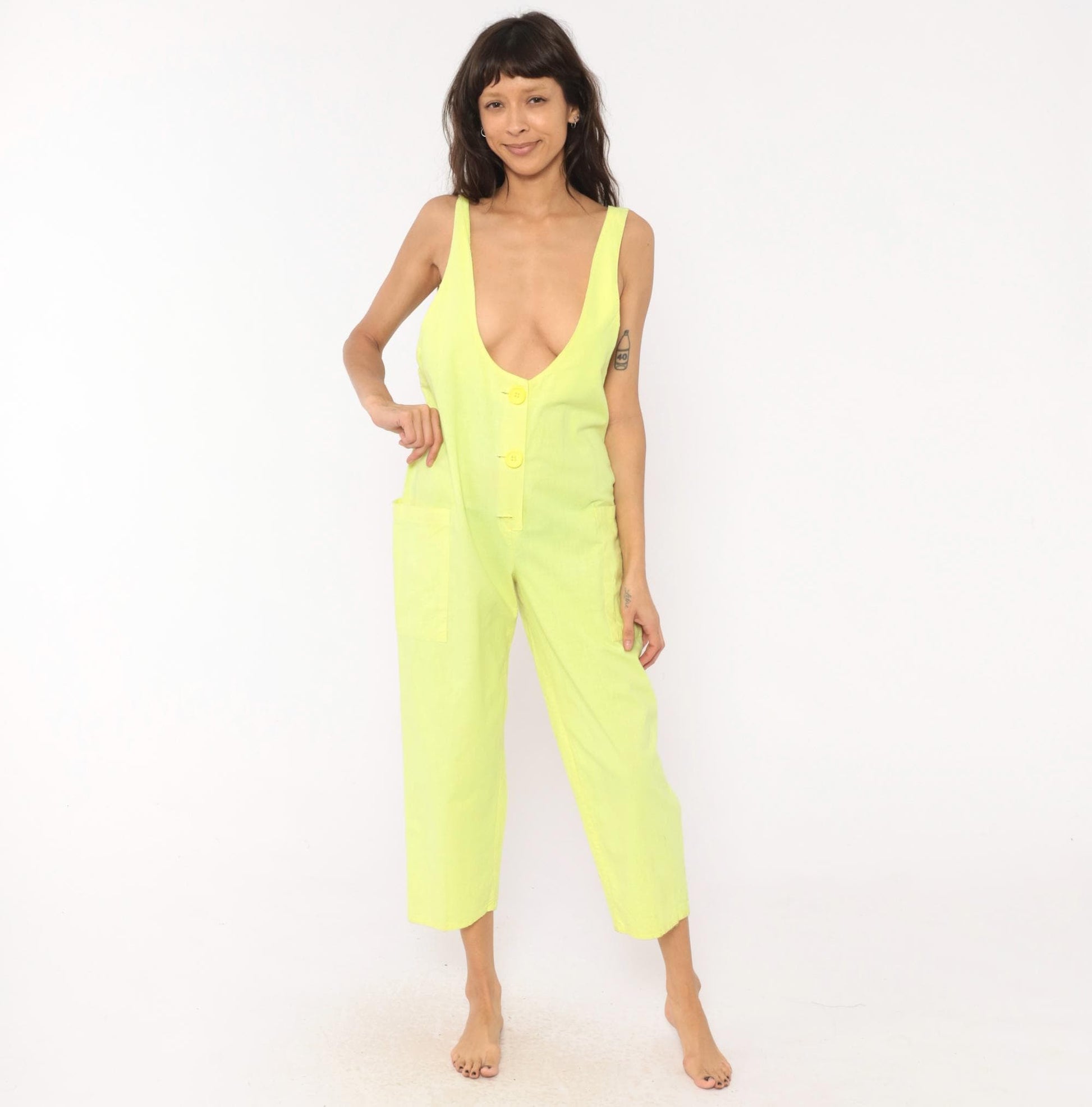 90s Ginger Neon Yellow Cotton Jumpsuit Deep V Neck Ankle Length Medium M