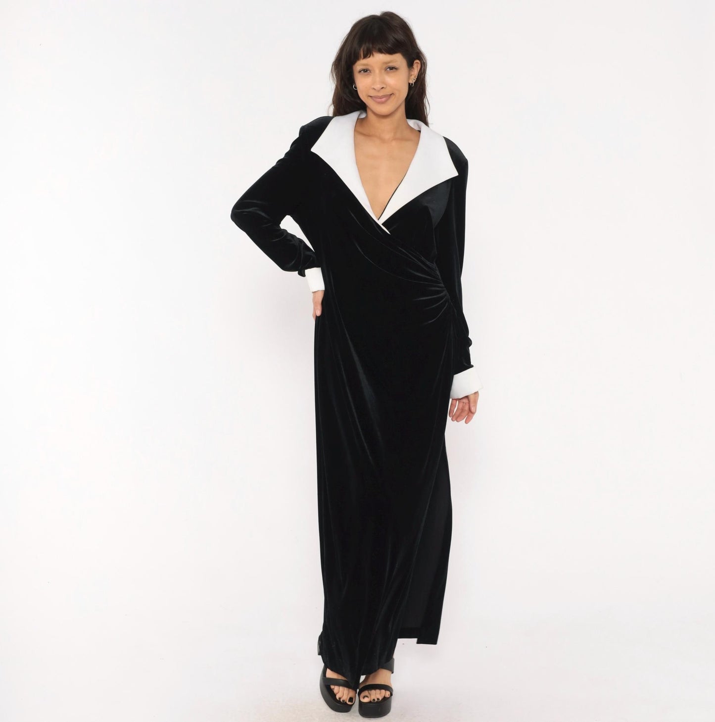 90s Cachet Black Velvet Maxi Gown White Collar Contrast Long Sleeve Extra Large XXL