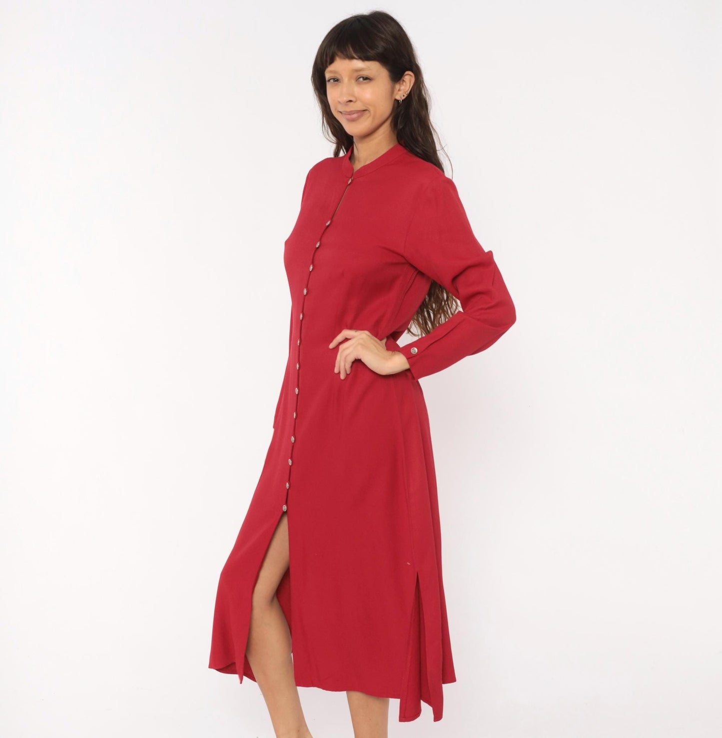 90s Coldwater Creek Cranberry Midi Dress Mandarin Collar Button Front Medium