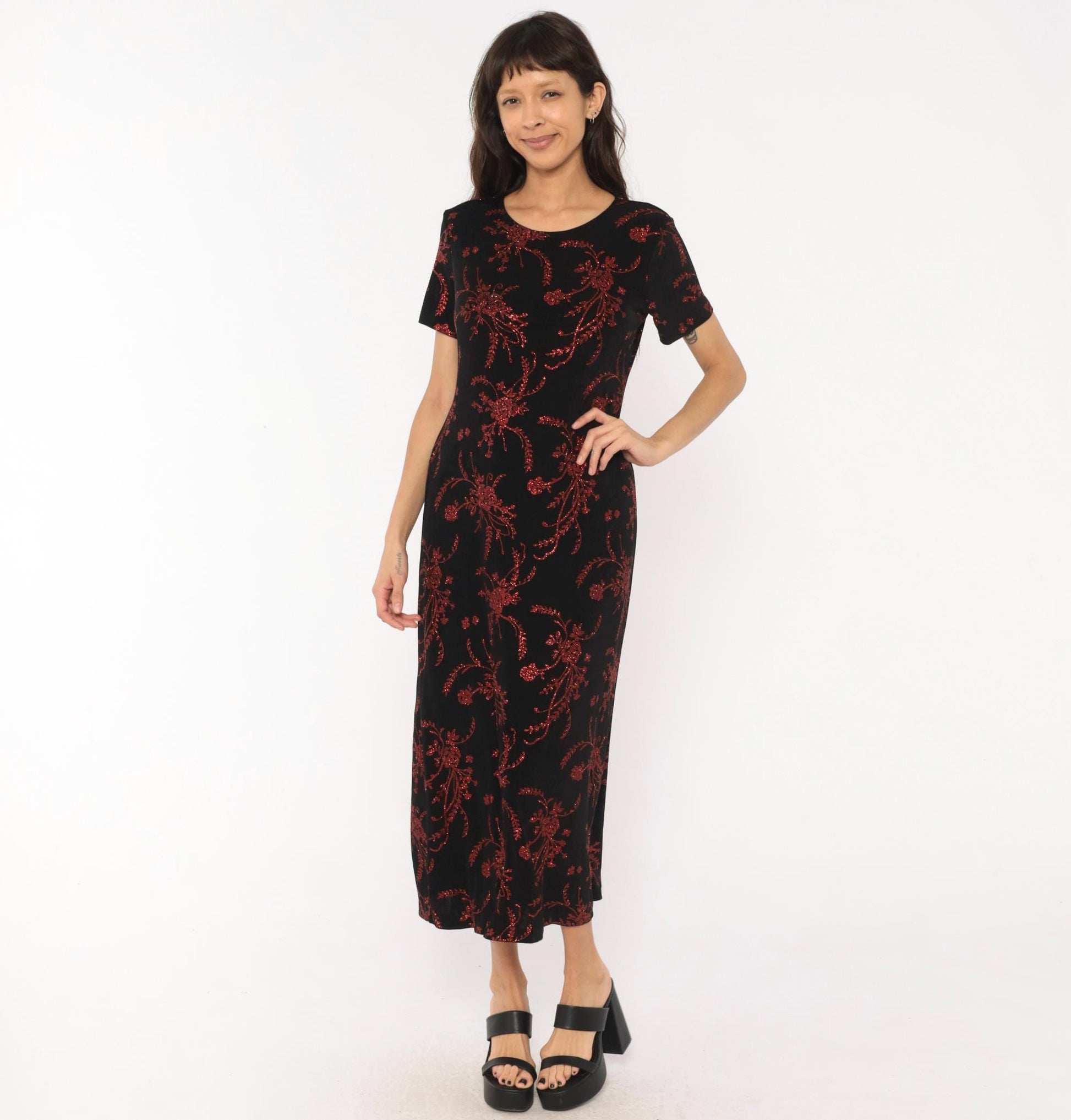 90s Black Maxi Dress Red Glitter Floral Print Short Sleeve Scoop Neck Medium Large