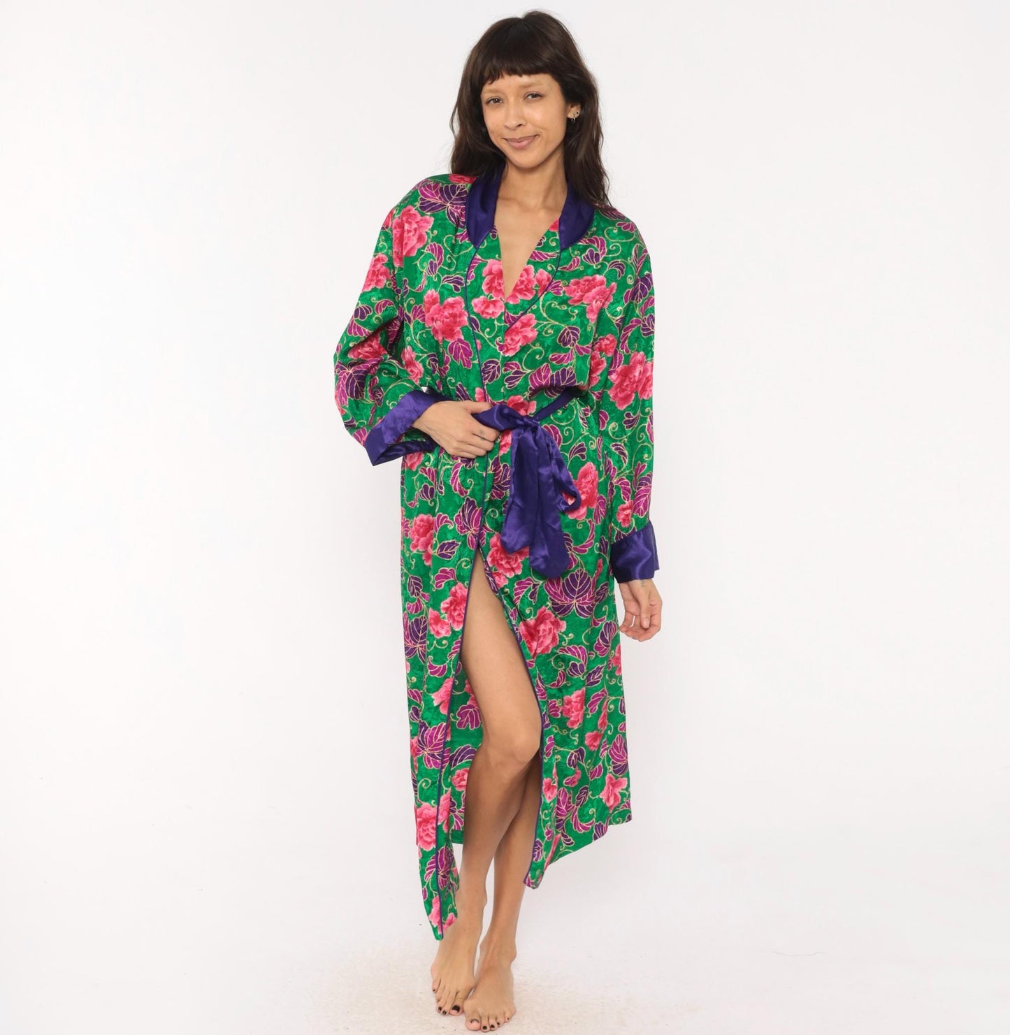 90s Victoria's Secret Green Floral Kimono Robe Satin Trim Medium Large