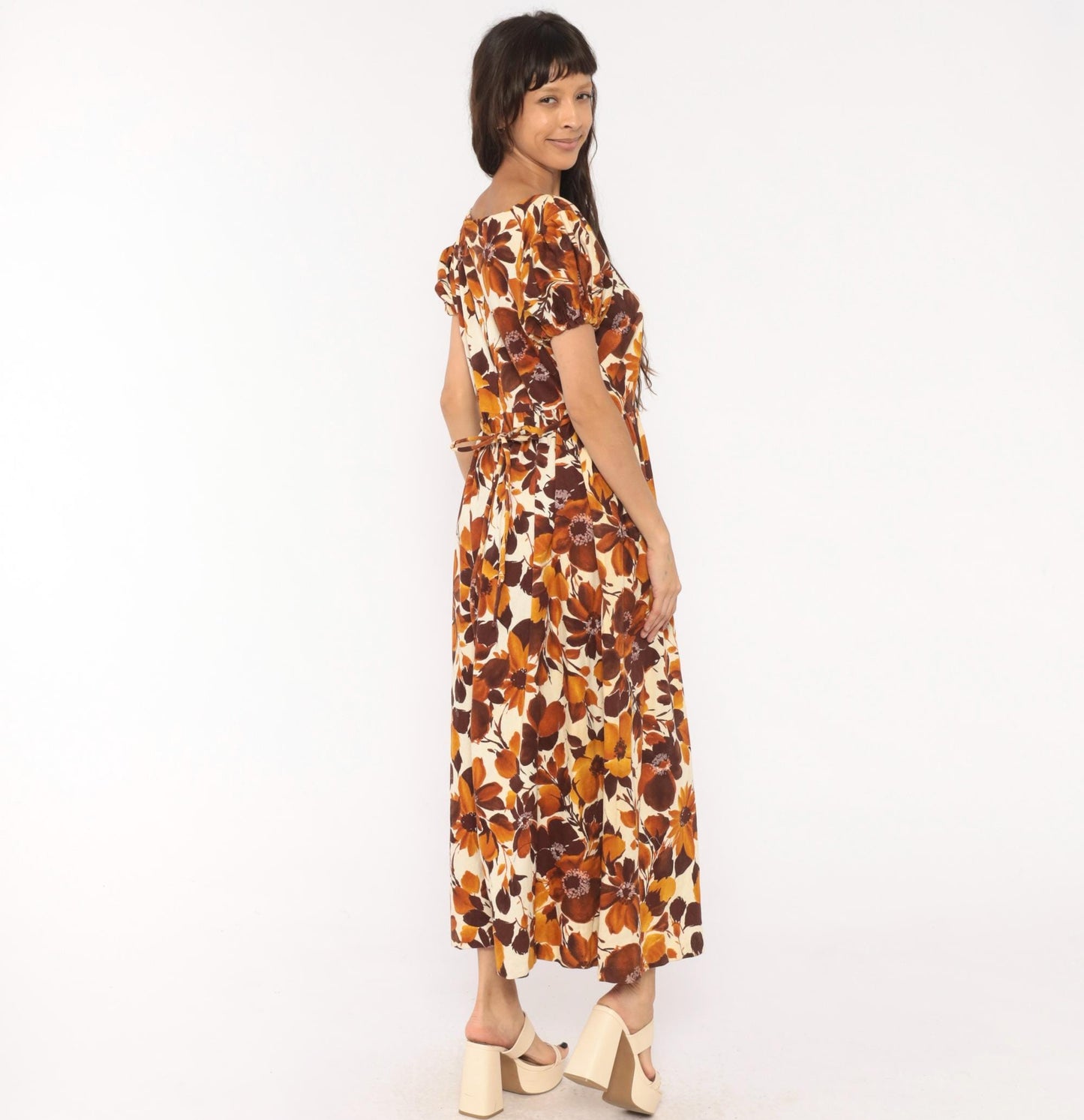 70s Floral Maxi Dress Brown Puff Sleeve Empire Waist Cotton Large L
