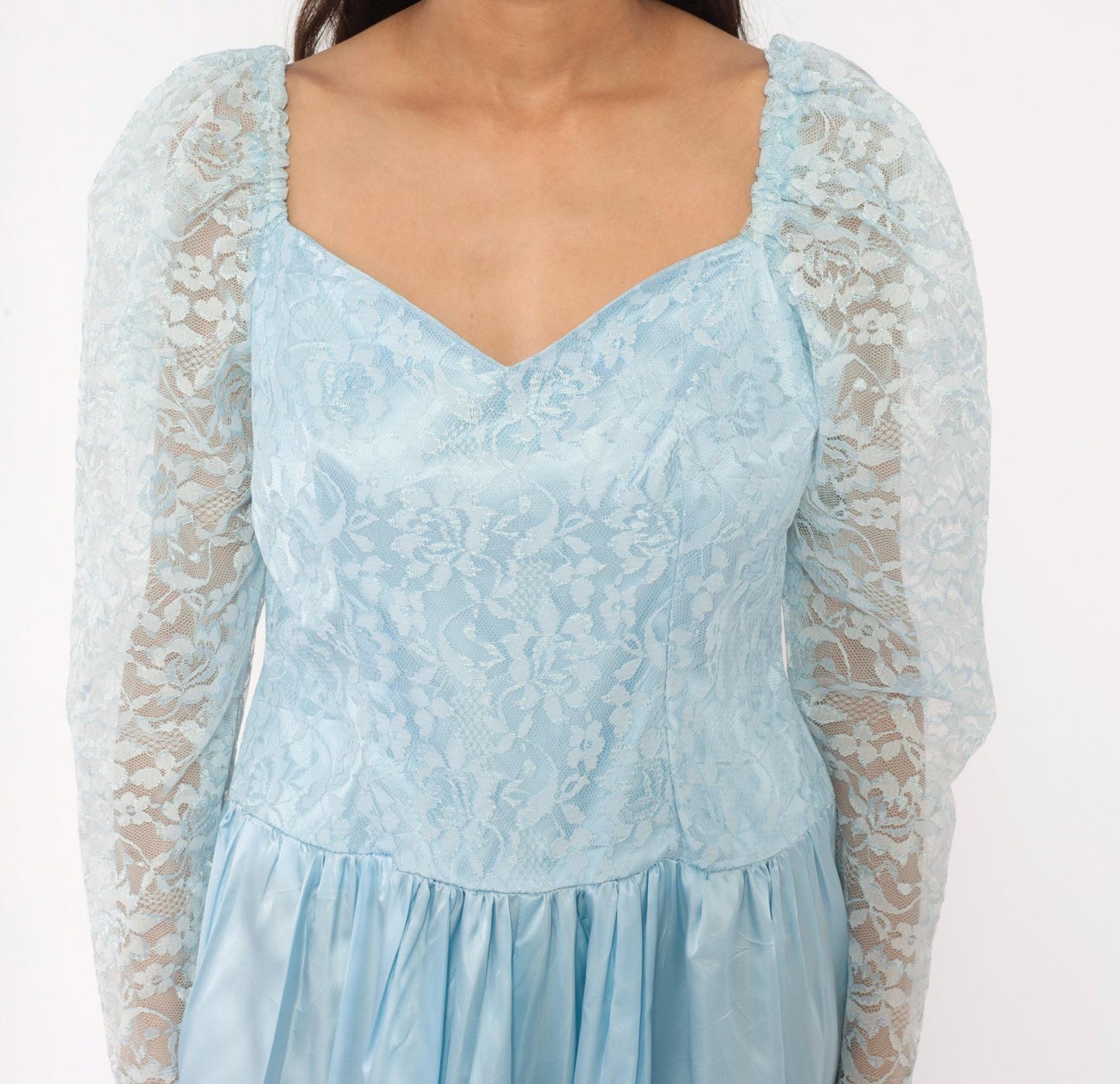 80s Sky Blue Lace Maxi Gown Sweetheart Neckline Drop Waist Bow Back Large L