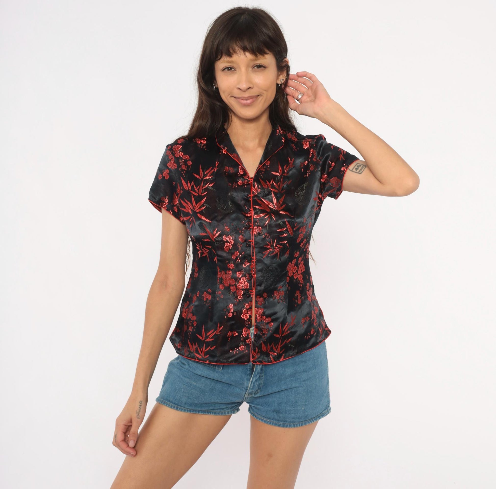 2000s Black Red Silk Cheongsam Top Mandarin Collar Brocade Medium M