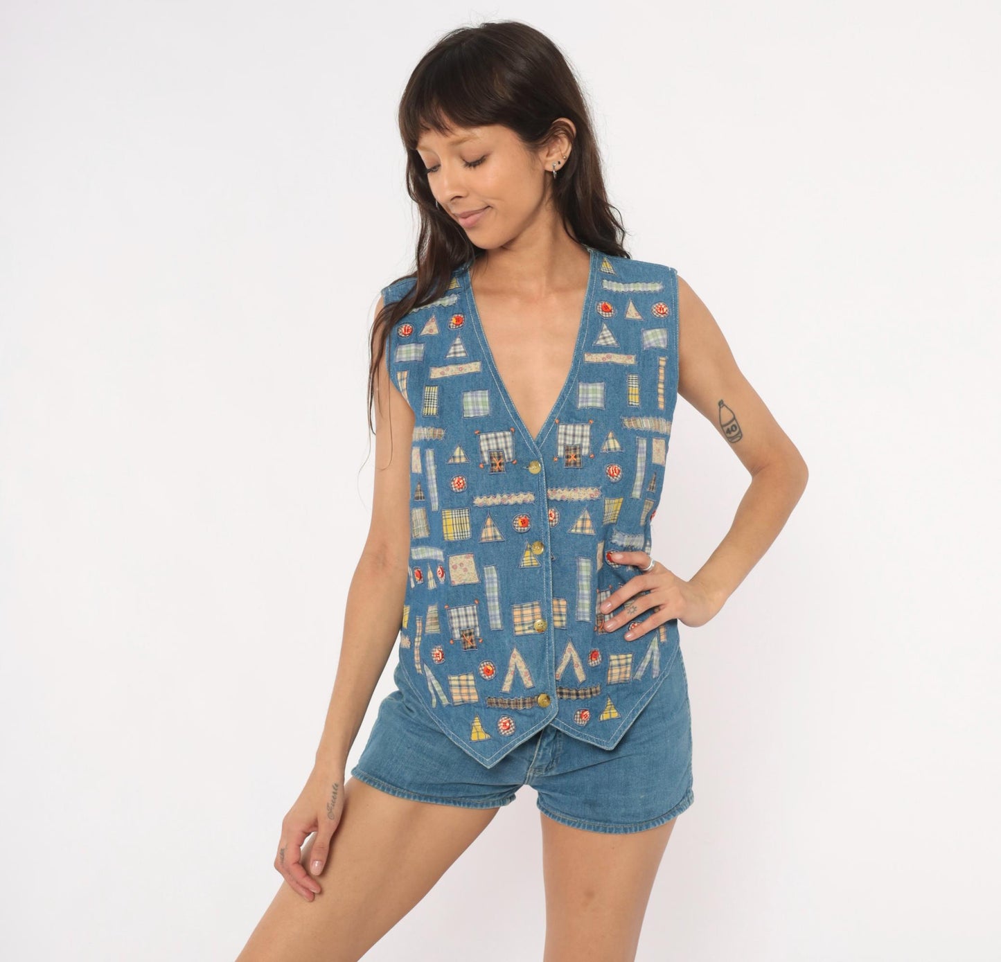 90s New Identity Patchwork Denim Vest Applique Plaid Floral Blue Extra Large XL