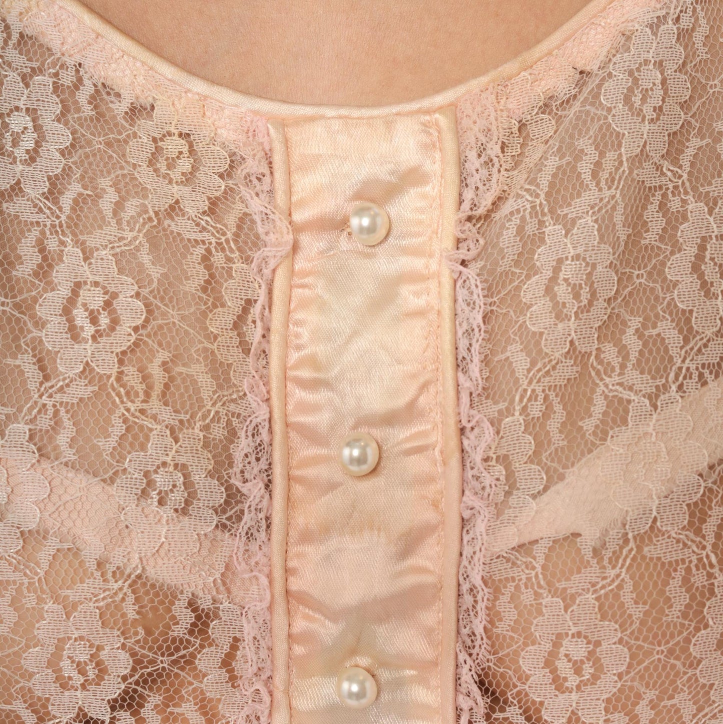 1950s Blush Pink Sheer Lace Maxi Gown Puff Sleeve Corset Bodice Large L