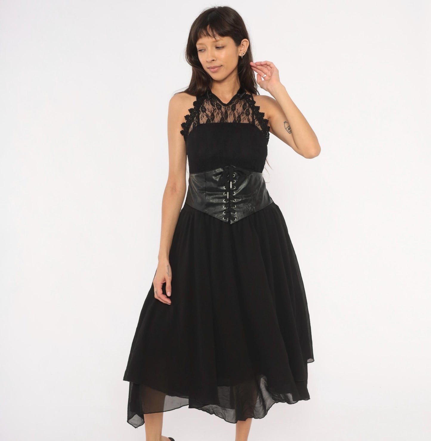 2000s Black Lace Corset Halter Midi Dress Chiffon Handkerchief Hem Plus Size XXL