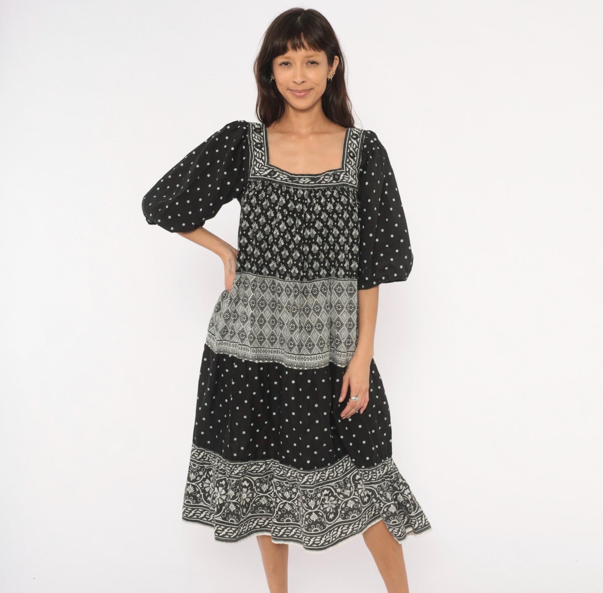 90s Ramona Rull Black Floral Midi Dress Square Neck Puff Sleeve Cotton Extra Large