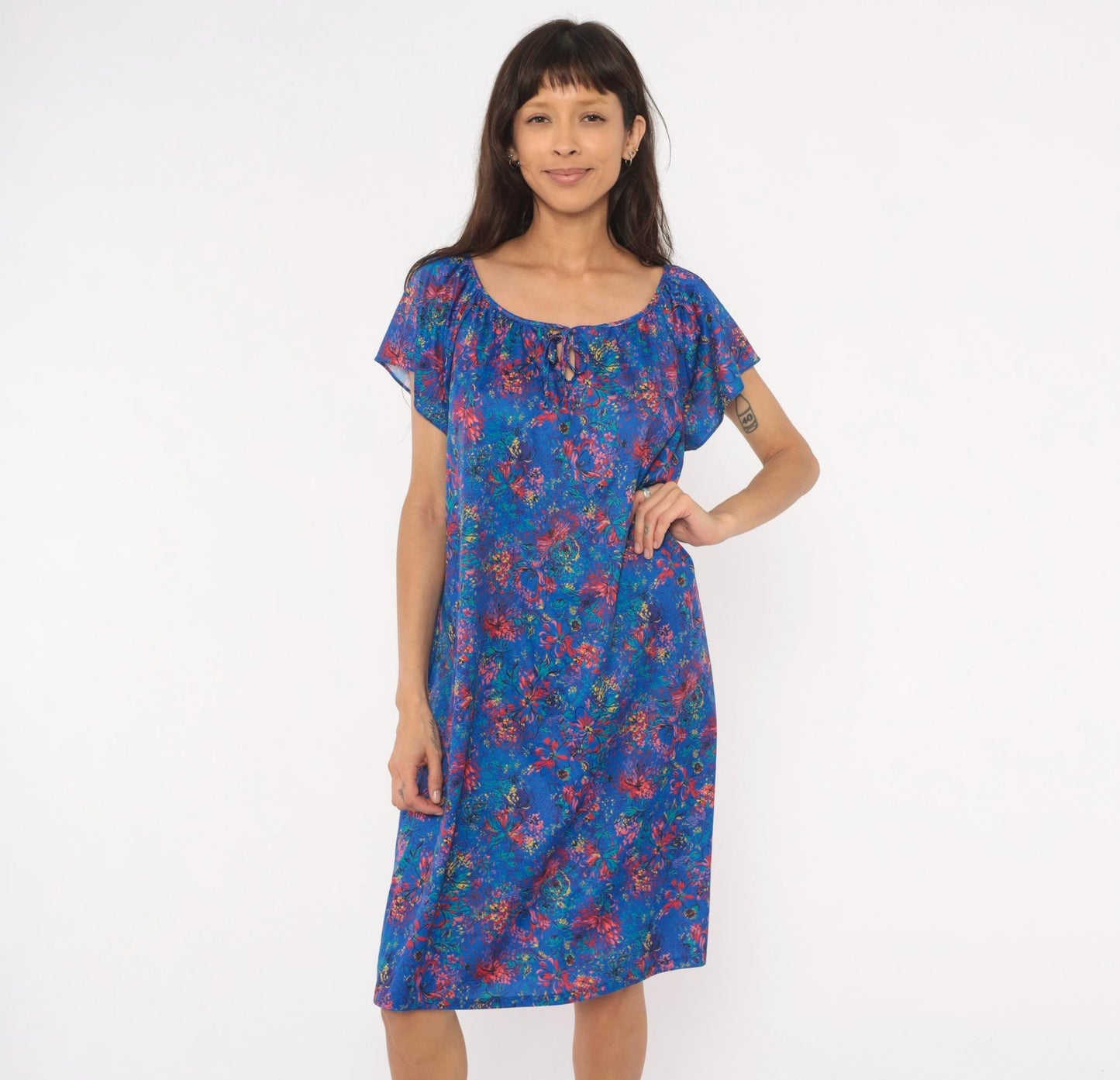 70s Improved Living Floral Shift Dress Cobalt Blue Knee-Length XL