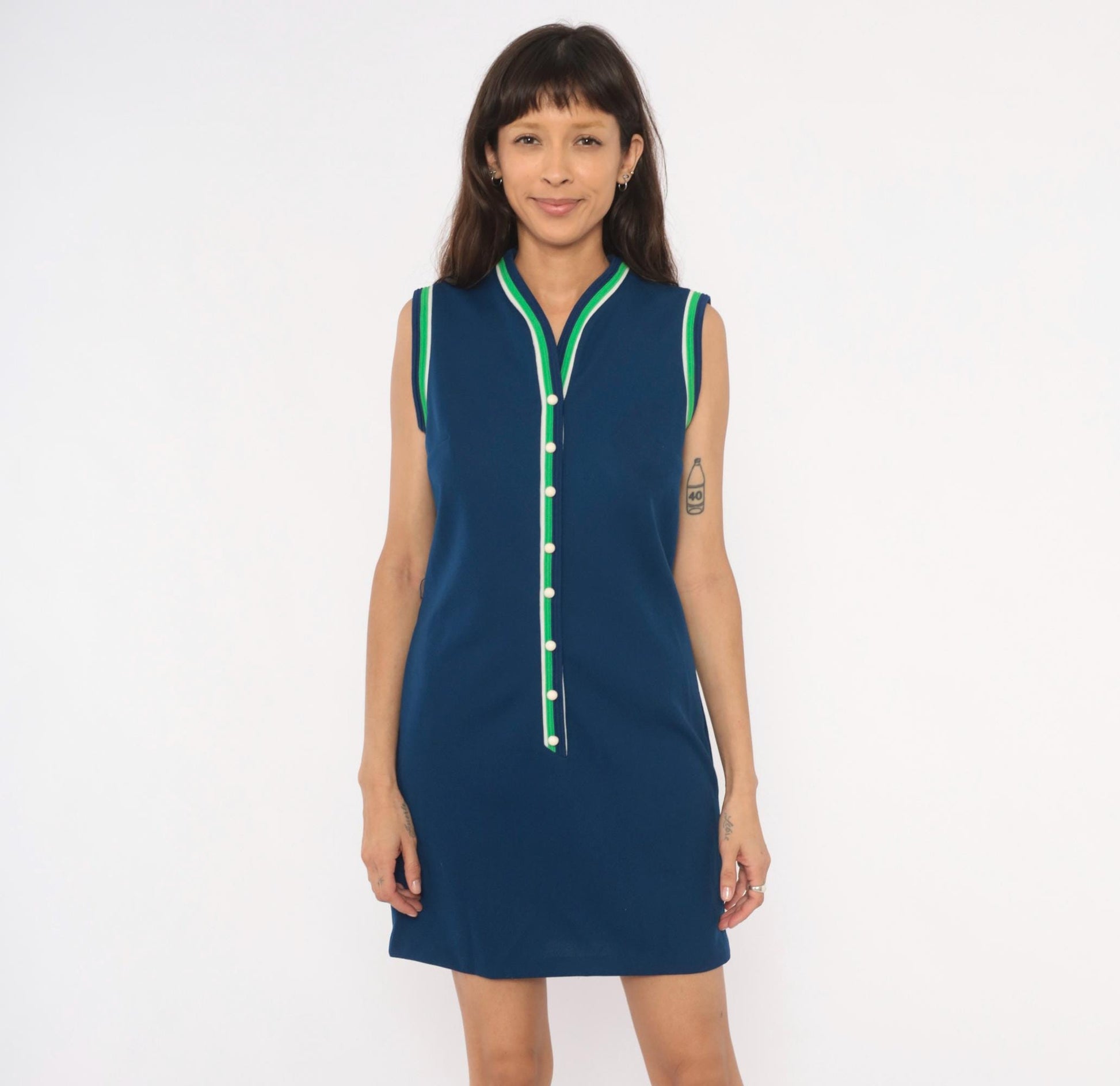 70s Toni Todd Navy Shift Dress Sleeveless V-Neck Striped Trim Small